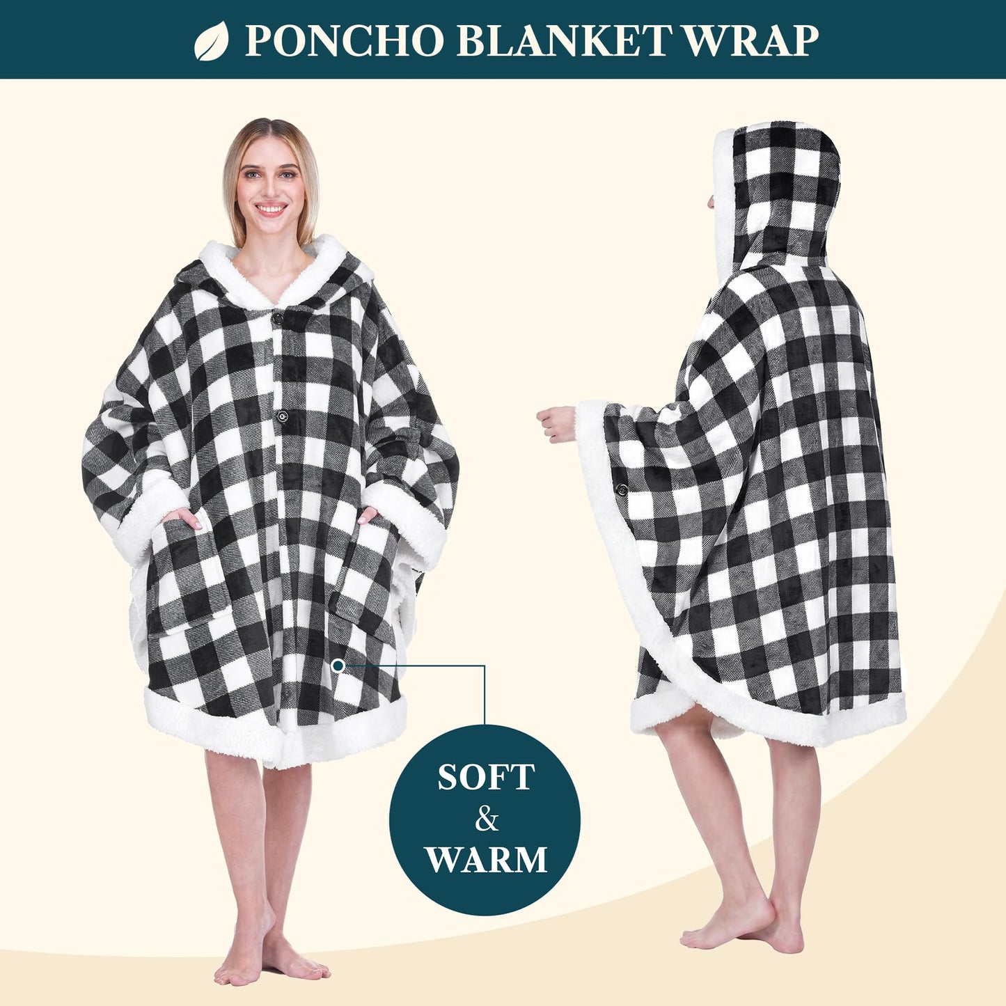 PAVILIA Hooded Blanket Poncho, Women Sherpa Fleece Shawl Wrap with Hood, Wearable Blanket Cozy Warm Poncho Cape Throw with Pockets, Gift for Elderly Mom, Black and White Buffalo Plaid Checkered