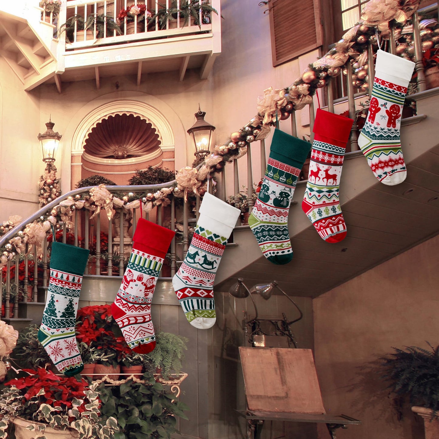 Mostop 6 Pack Christmas Stockings, 21 Inches Large Cable Knitted Stockings, Snowflake Reindeer Snowman Christmas Tree Knitted Stocking Decorations for Xmas Family Holiday Season Decor