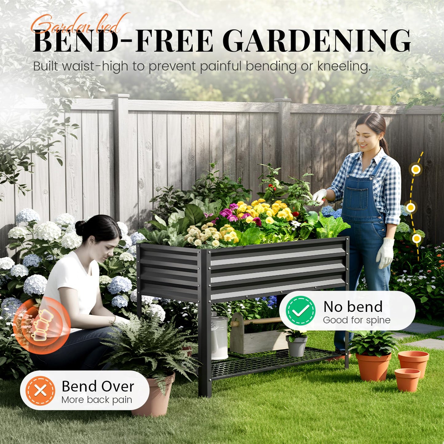 KING BIRD Large Raised Garden Bed with Legs & Storage Shelf Galvanized Elevated Planter Box for Backyard, Patio, Balcony, 400lb Capacity, Dark Grey 48×24×31.5 in