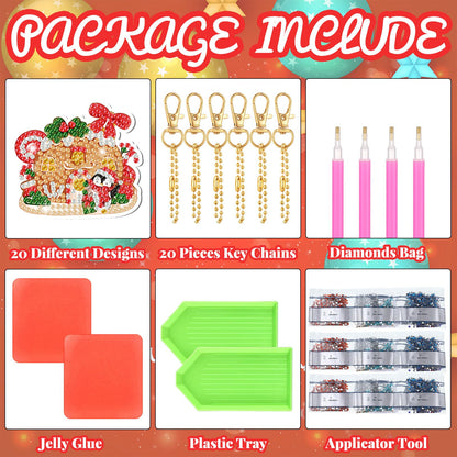 Tondiamo 20 Pcs Christmas Diamond Painting Keychain Kits 5D DIY Diamond Art Pendants Double Sided Hanging Key Chains for Christmas Party Decoration DIY (Gingerbread House)