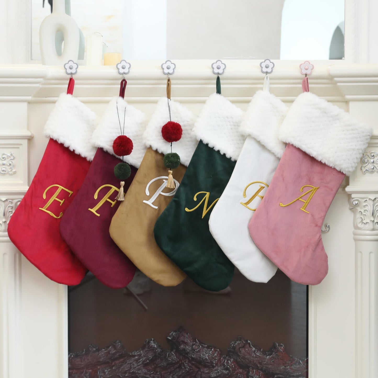 Pxniy 19.5" Personalized Burgundy Christmas Stocking with Embroidered Initials- Fireplace Stockings, Family Holiday Xmas Party Decor Mom
