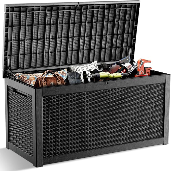 320 Gallon Outdoor Deck Box, Lockable Waterproof Outdoor Storage Boxes For Garden Tools,Indoor Cushions,Accessories Outside Storage Resin Weatherproof Container(Black)