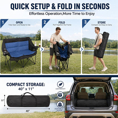 Double Camping Chairs for Adults Folding Loveseat, Heavy Duty Oversized 2 Person Camping Couch Outdoor Portable Folding Chair for Lawn, Patio, Beach