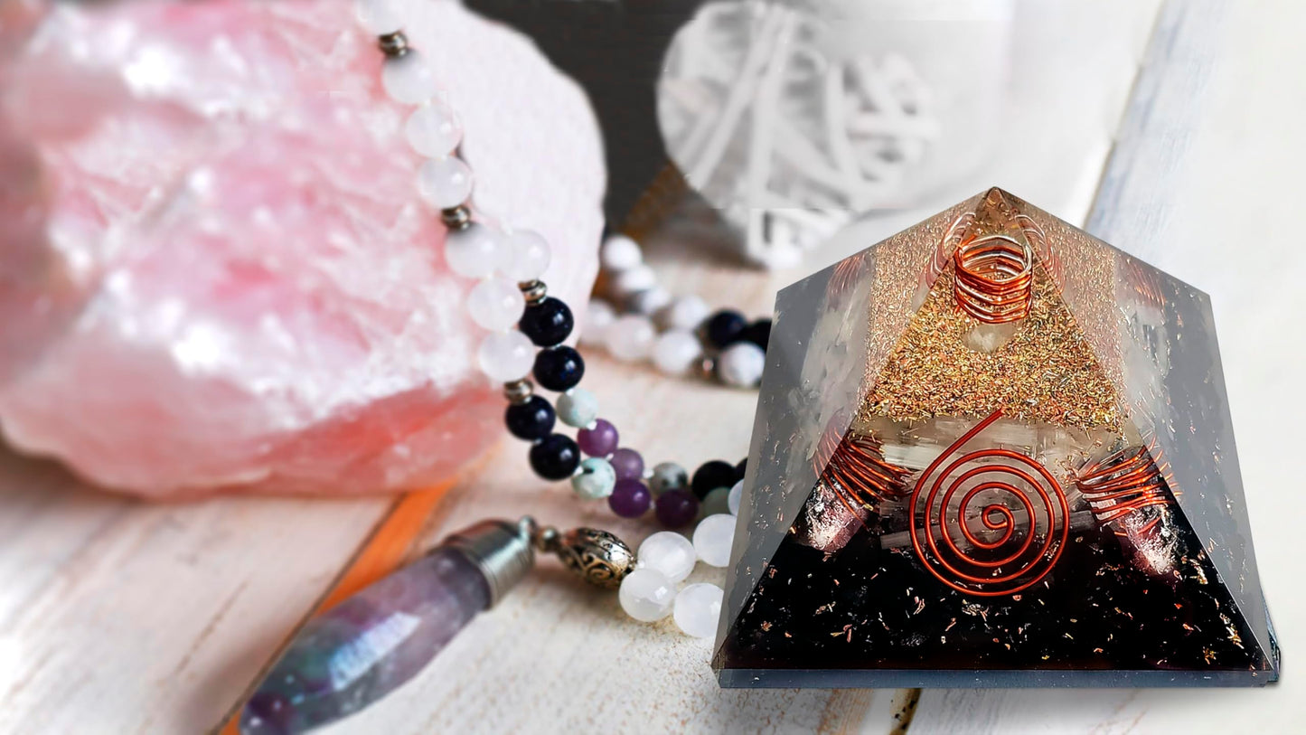 Orgonite Crystal Pyramid with Copper Coil Quartz and Shungite – Handmade Orgone Energy Pyramid for Meditation & Home Décor