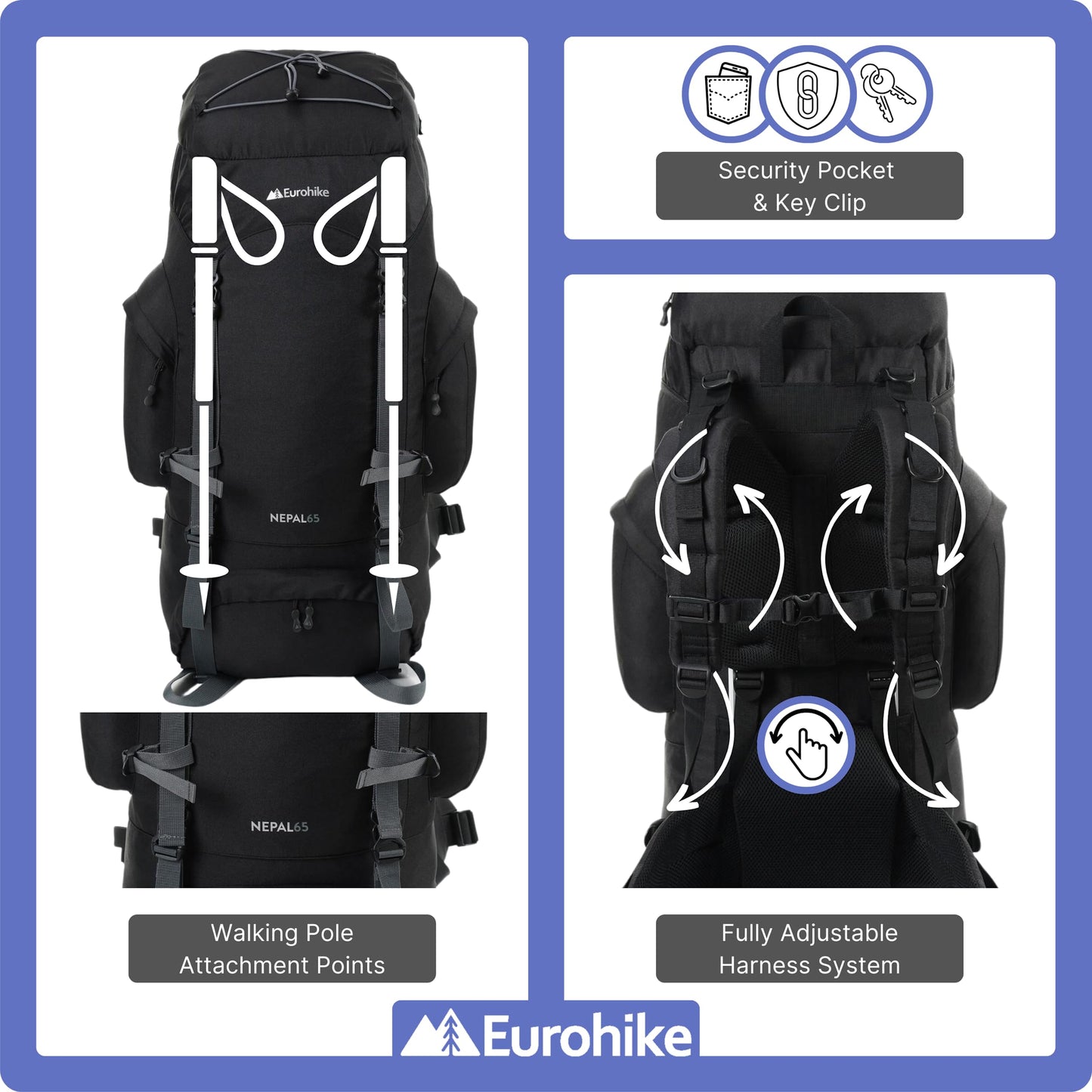 Eurohike Nepal 65 Litre Rucksack with Ventilated Back Panel & Padded Harness, 65L Backpack, Bag for Men & Women, Adjustable, Lightweight, Camping, Hiking, Trekking, Travelling, Outdoors, Black