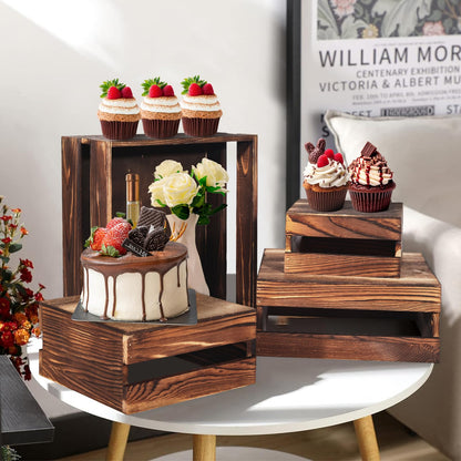 8 Pcs Buffet Risers with Mini Signs, Rustic Wood Cake Stands, Food Risers for Buffet Table, Dessert Display Stand, Wood Crates, Rustic Cake Stand for Party, Wedding, Birthday, Baby Shower, 4 Sizes