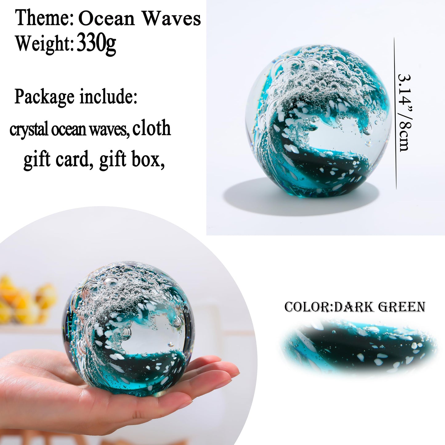 Qianwei Ocean Waves Hand Blown Glass Decor Crystal Ball Sea Figurines Gifts
