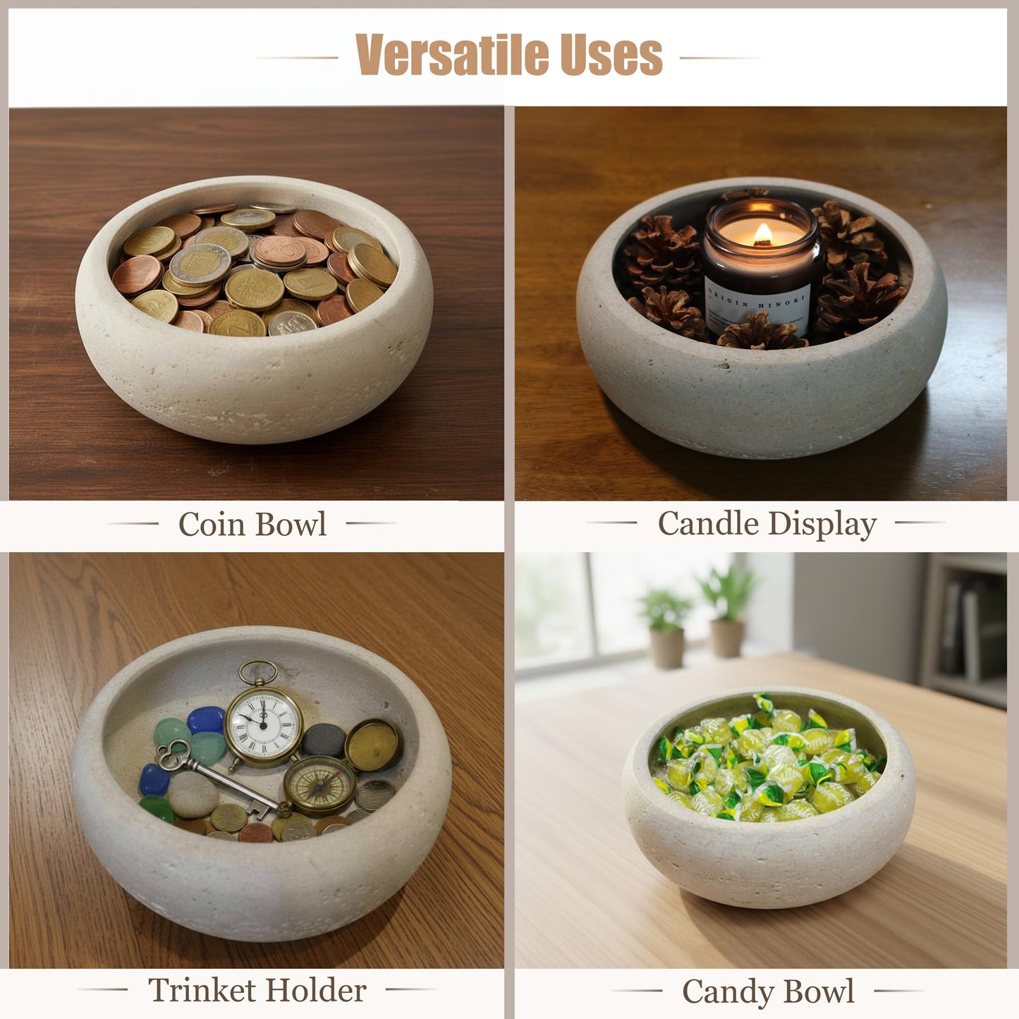 EARTHLY ROOTS Travertine Decorative Bowl, 7.5” Natural Stone Candy Bowl, Coffee Table Catchall Dish for Living Room, Candle, Key, Trinket Holder & Hand Crafted Home Decor