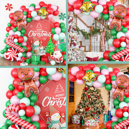 Christmas Balloon Garland Xmas Green Red White Arch kit Macaron green pink balloons Candy Bell Cane Foil Balloons With Large Gingerbread Balloon for Christmas Party Decorations Supplies