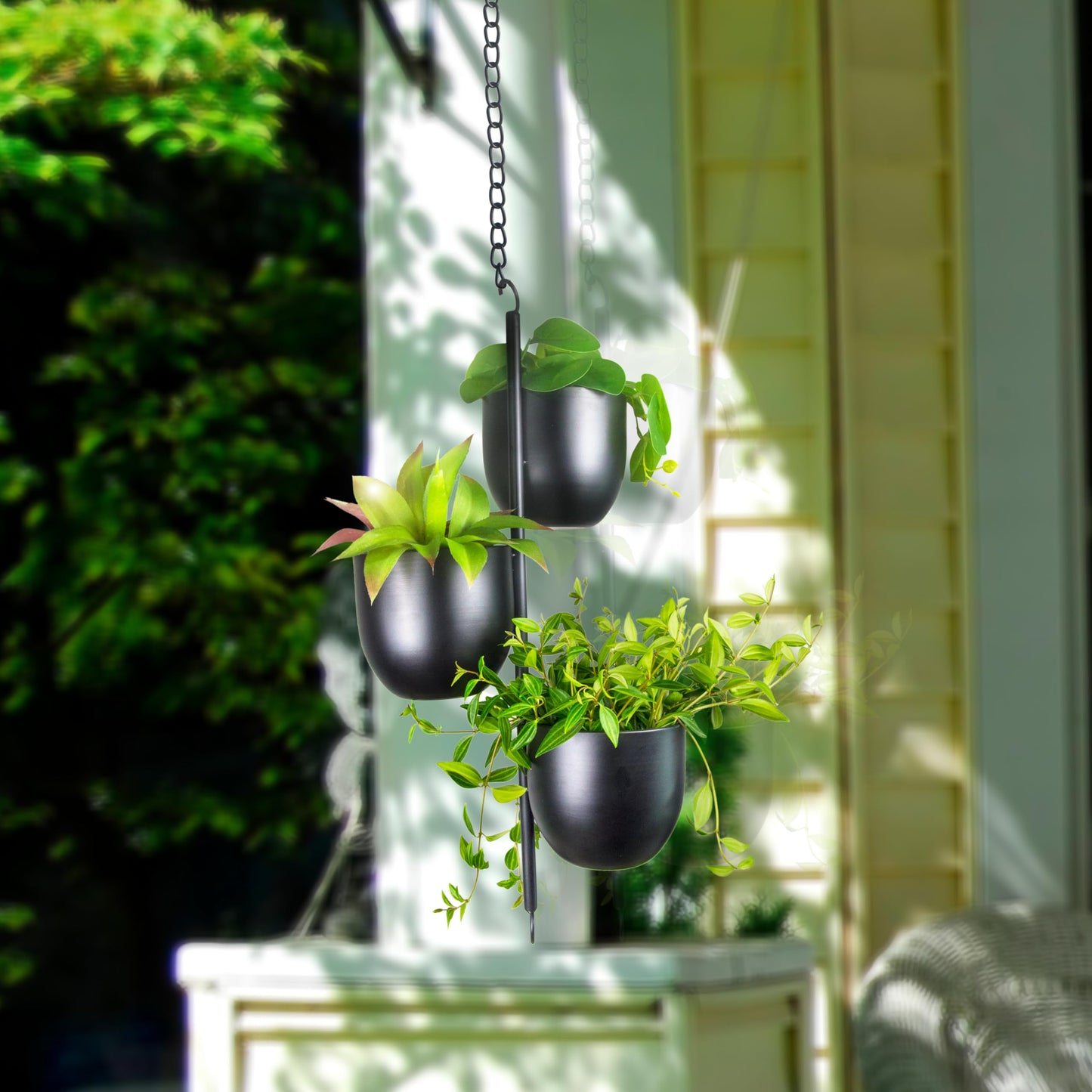 HemePaha 3-Tier Metal Hanging Planter with 6 Inch Oval Pots - Black Modern Triple Tiered Plant Hanger - Vertical Stackable Wall and Ceiling Mount Holder for Indoor and Houseplants