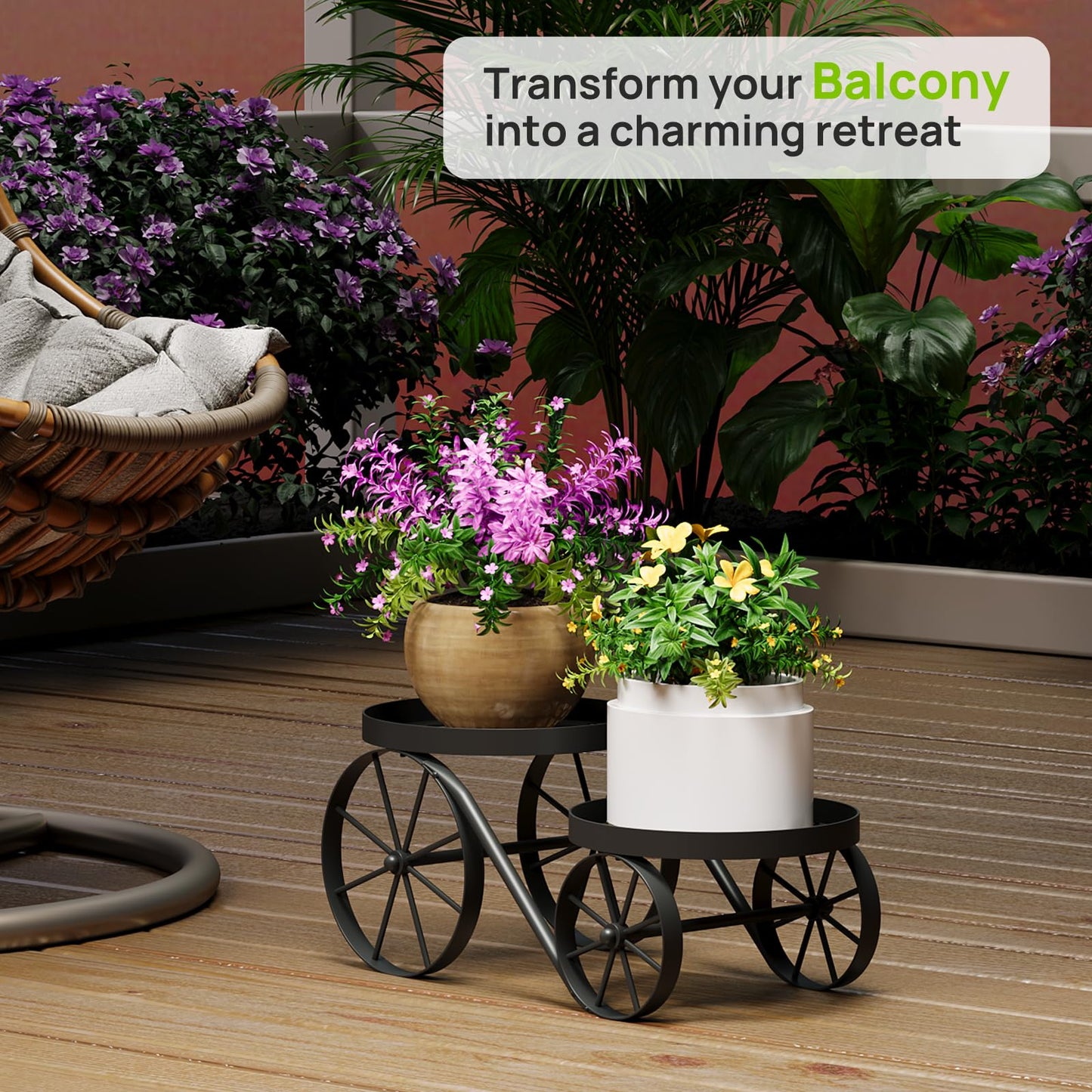 Cute Plant Stand Indoor Outdoor 2-Tier Metal Heavy Duty Flower Pot Holder with Decorative wagon wheels, Multi-Use Planter Display Rack Shelf for Garden Patio Balcony Living Room Corner (Black)