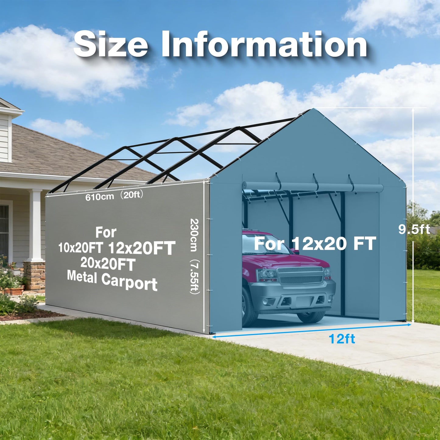 FLOUREE Metal Carport Replacement Sidewall Panel Kit for 12x20 FT, 2 Pack Sidewalls & 2 Pack Zipper Doors,220g PE Tarp, Roll-Up Carport Door Panels, Waterproof UV Resistant, Frame Not Included,Grey