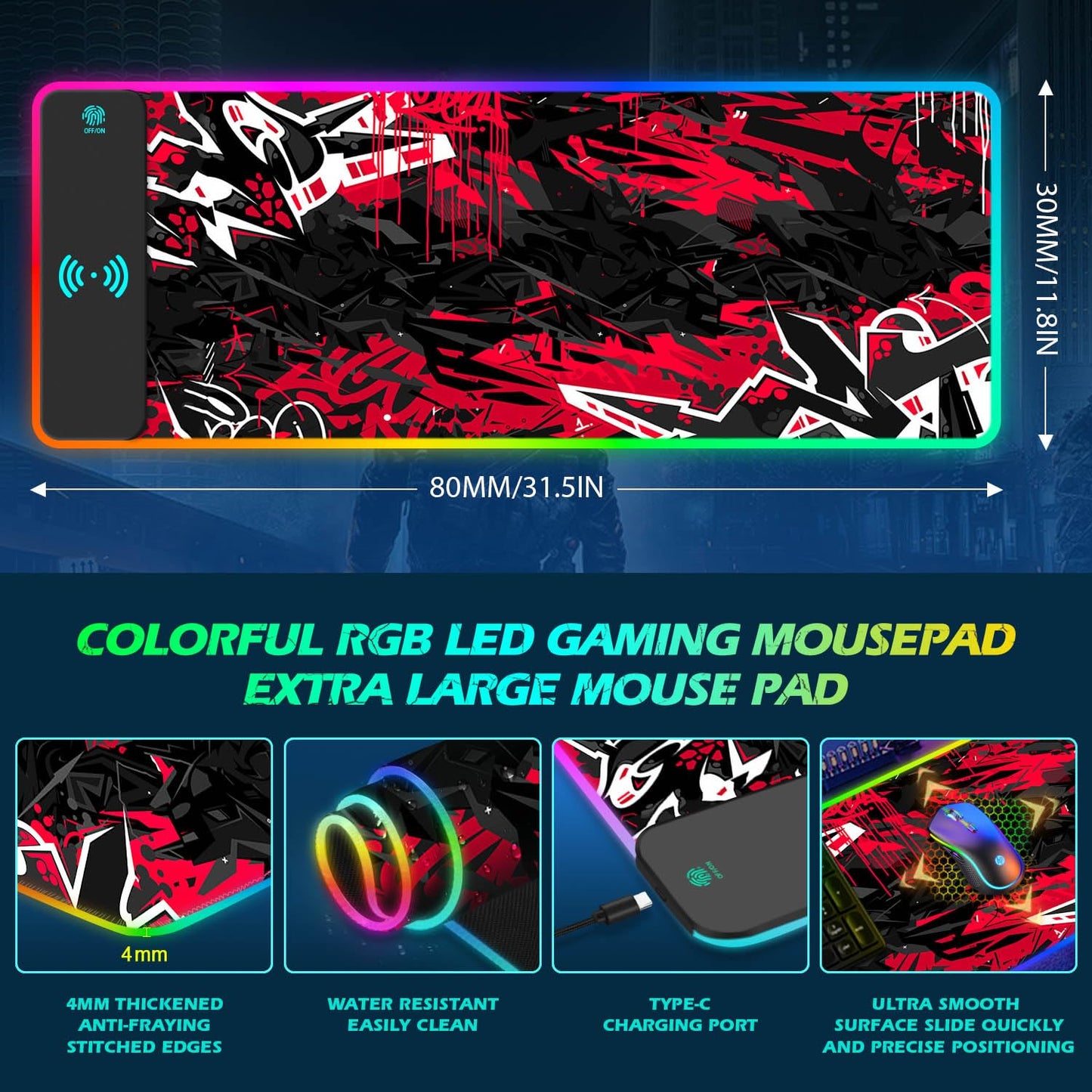 ToLuLu RGB Gaming 5/7.5/10/15W 10 Light Modes Wireless Charging Mouse Pad, LED Mouse Pad Computer Keyboard Mat Mousepad, 800x300x4MM Extended Large Desk Mat for Gaming, MacBook, Laptop, PC,Red Black