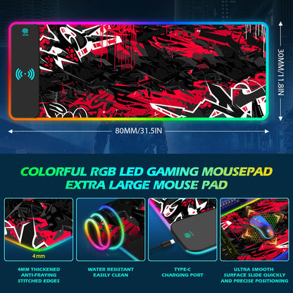 ToLuLu RGB Gaming 5/7.5/10/15W 10 Light Modes Wireless Charging Mouse Pad, LED Mouse Pad Computer Keyboard Mat Mousepad, 800x300x4MM Extended Large Desk Mat for Gaming, MacBook, Laptop, PC,Red Black