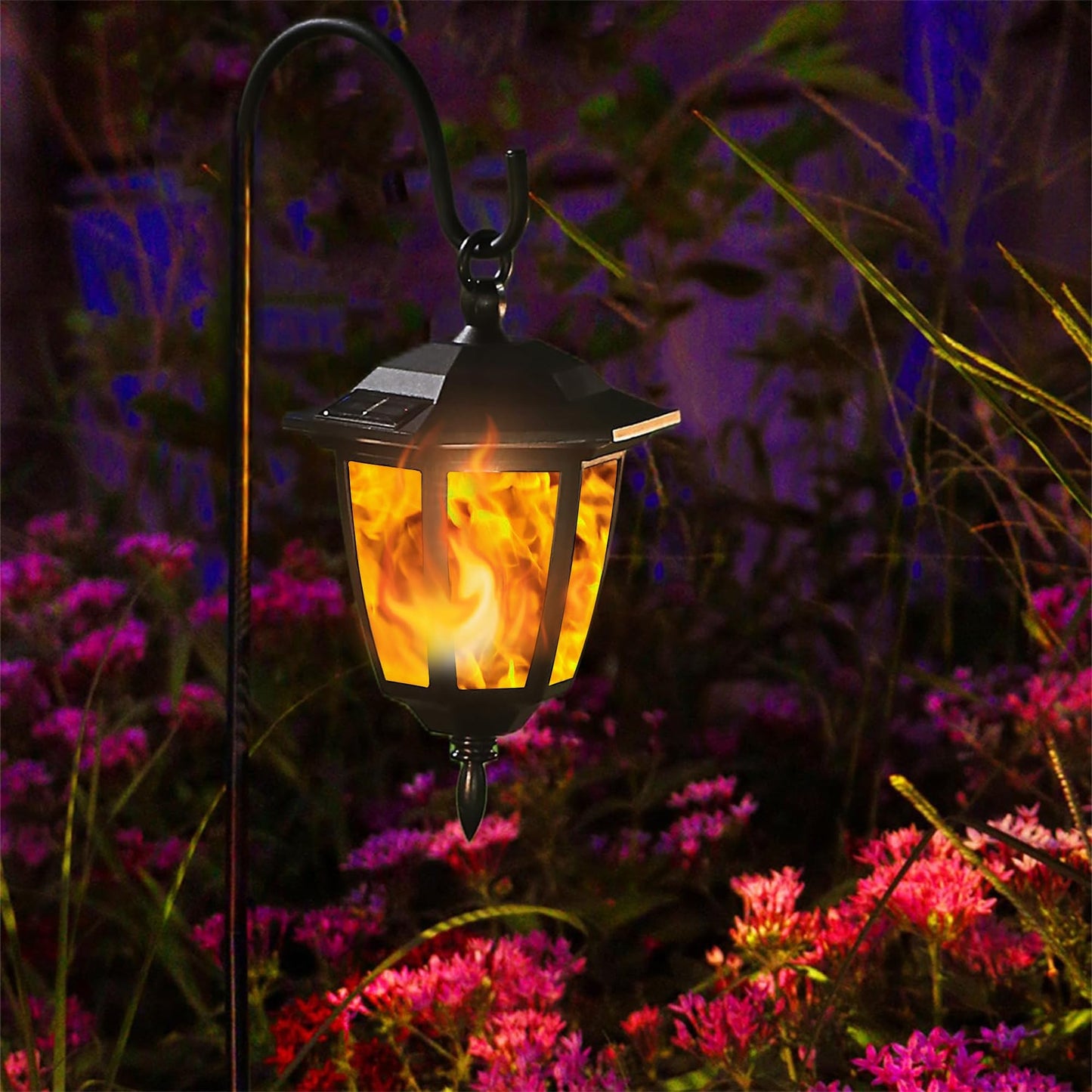 Dynaming 6 Pack Solar Flame Hanging Lights Outdoor, Halloween Solar Flickering Flame LED Garden Lanterns with 6 x 38 Inch Shepherd Hooks, Christmas Lighting for Lawn Patio Yard Pathway Driveway