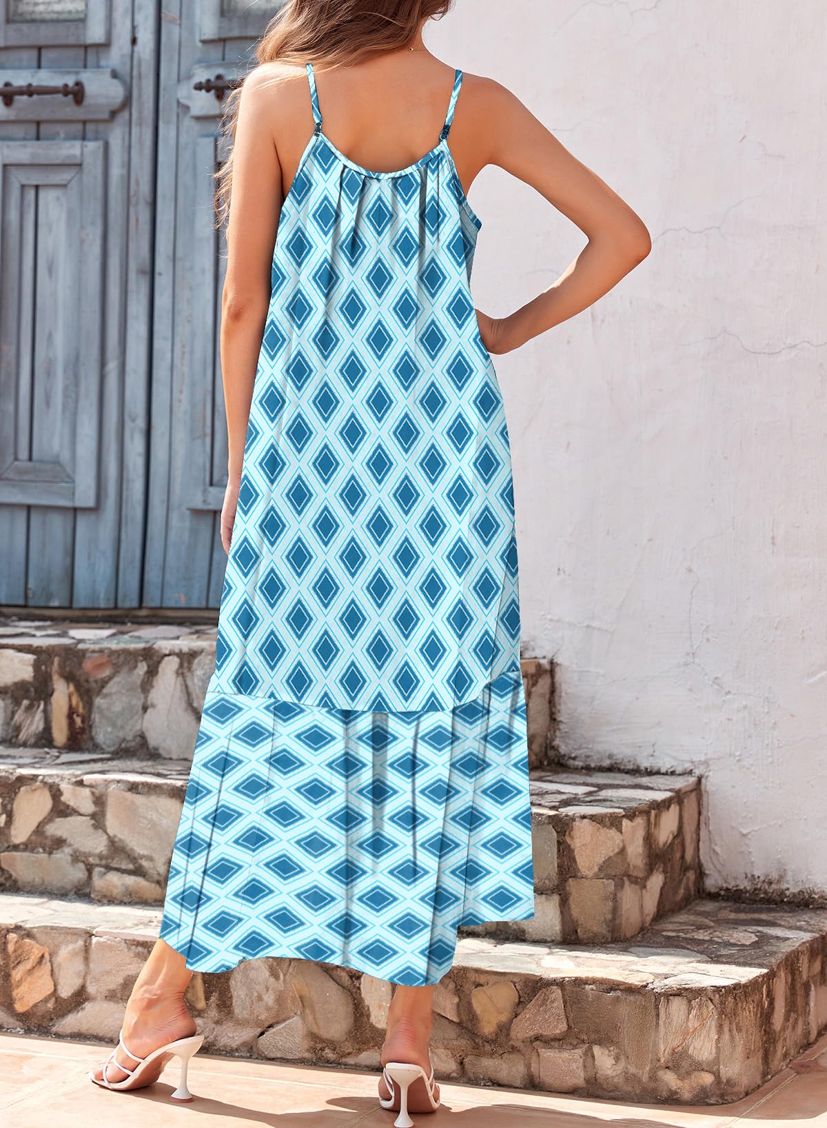 Dokotoo Women Summer Dresses 2025 Spaghetti Strap Scoop Neck Smocked Ruffle Flowy Boho Maxi Dress