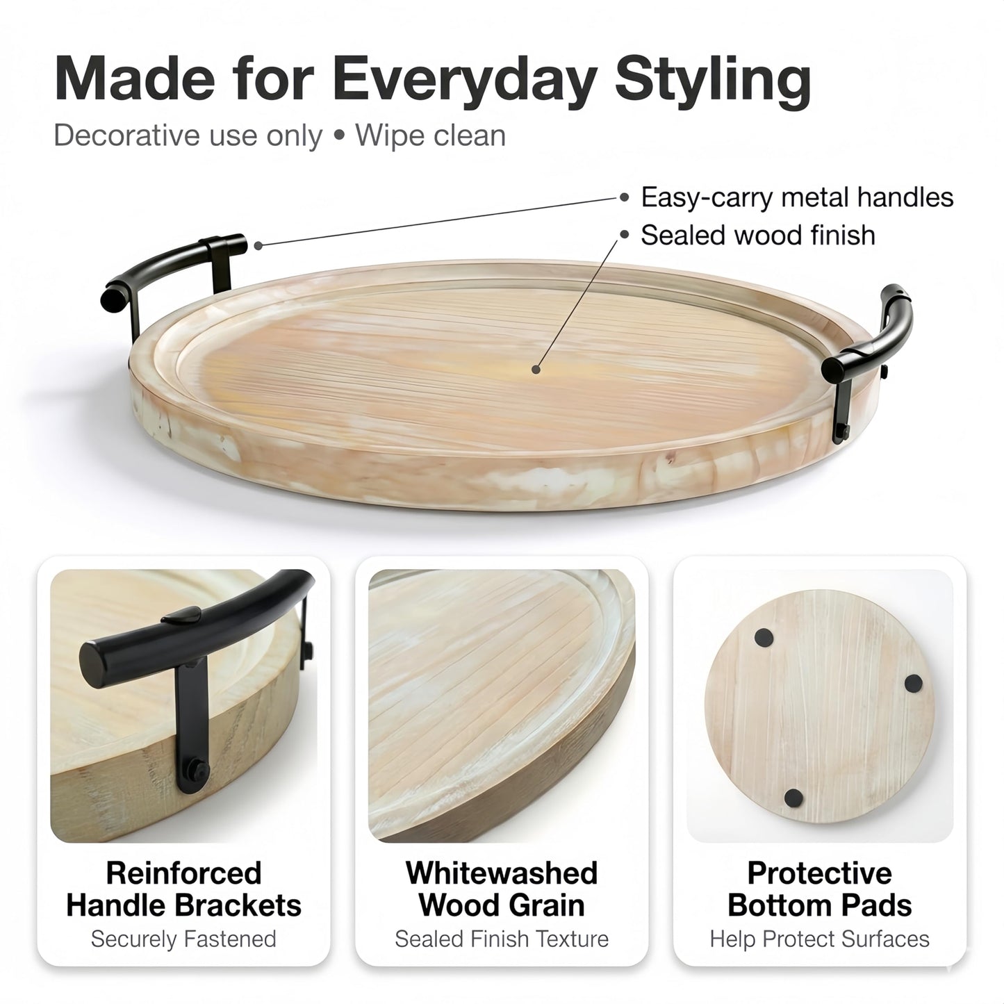 13" Round Decorative Wood Tray with Handles, Whitewashed Farmhouse Coffee Table Decor for Living Room, Entryway & Kitchen Island, Includes Bead Garland, Giftable Home Decor