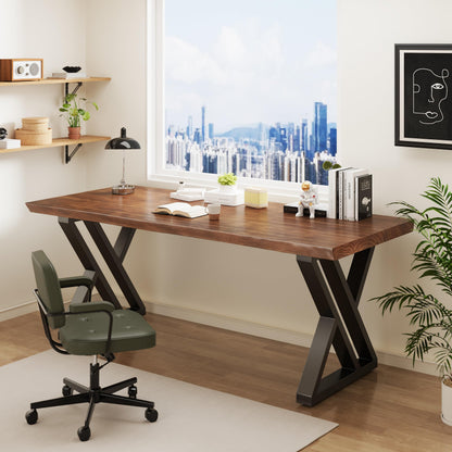SXXjiaju Solid Wood Desk 63 Inches, Live Edge Wooden Home Office Computer Desk Metal Frame Modern Simple Design Executive Real Wood Desk for Writing Study Dining Gaming