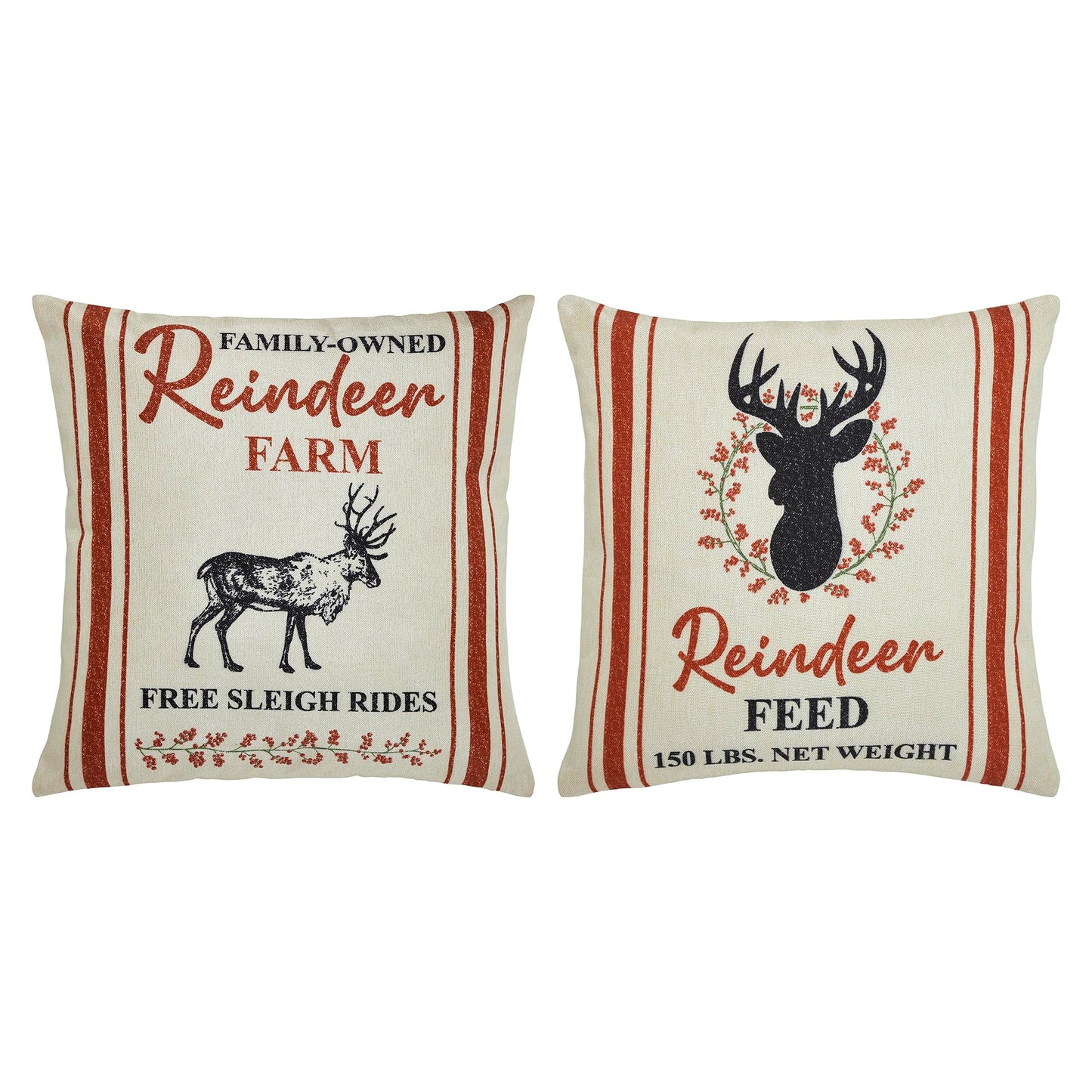 VHC Brands Reindeer Farm Pillow Cover Set of 2 20Lx20W, Decorative Christmas Throw Pillow Covers, Primitive Decor Perfect for Winter and Holiday Decorations