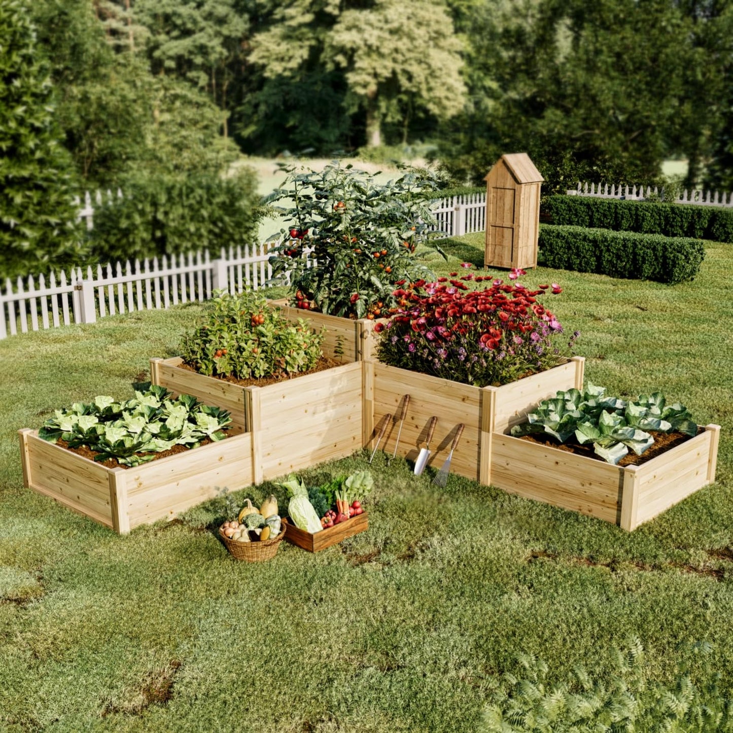 SPECRAFT Raised Garden Bed 3-Tier Outdoor Planter Box, Fir Wood with Dividers, Shape Adjustable, Tool-Free Assembly, Ideal for Growing Vegetables, Herbs & Flowers