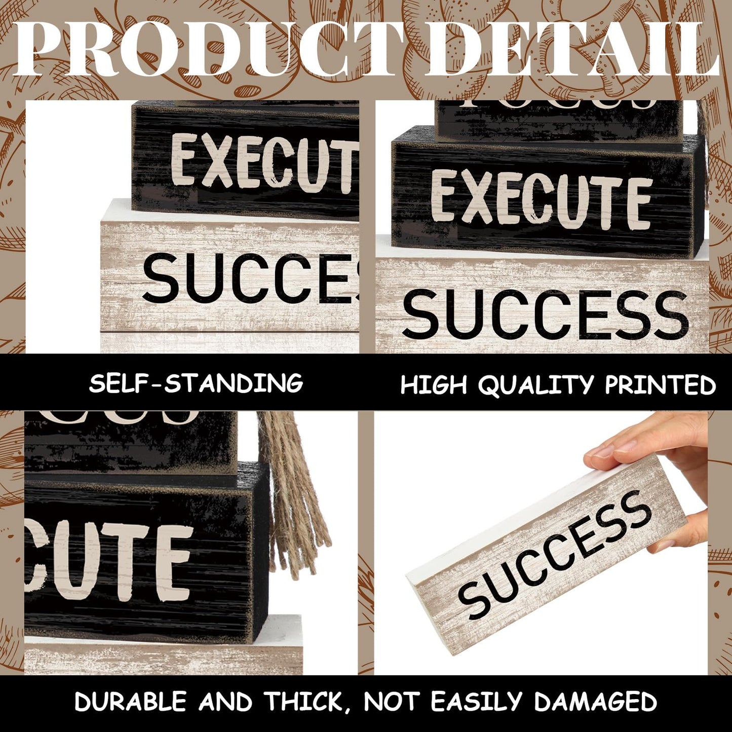Yuntau 4 Pcs Motivational Desk Decor Wooden Office Decor Inspirational Tiered Tray Decoration Rustic Retro Wood Bead Garland Focus Execute Success Block Sign Farmhouse Centerpiece for Home Shelf