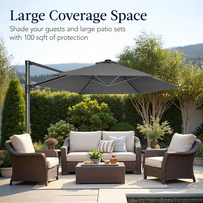 Best Choice Products 10ft Offset Cantilever Hanging Market Patio Umbrella, Smooth 360° Rotation, 8 Sturdy Ribs, Easy Adjustment - Gray