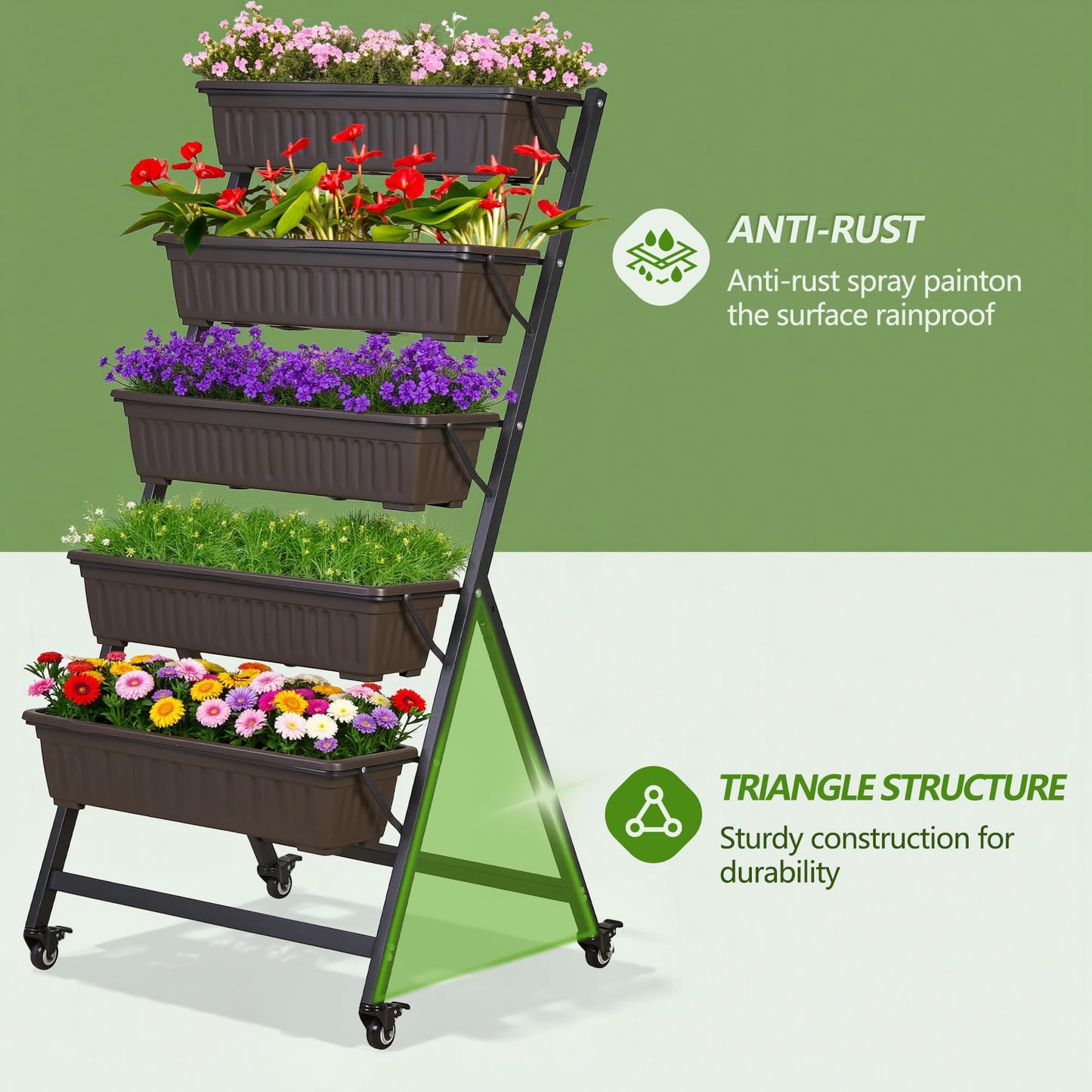 VECELO 5-Tier Vertical Garden Bed, Freestanding Elevated Raised Garden Planter with 5 Garden Planter Boxes, Lockable Caster Wheels, Drainage System, for Plants, Vegetables, Flowers, Herbs