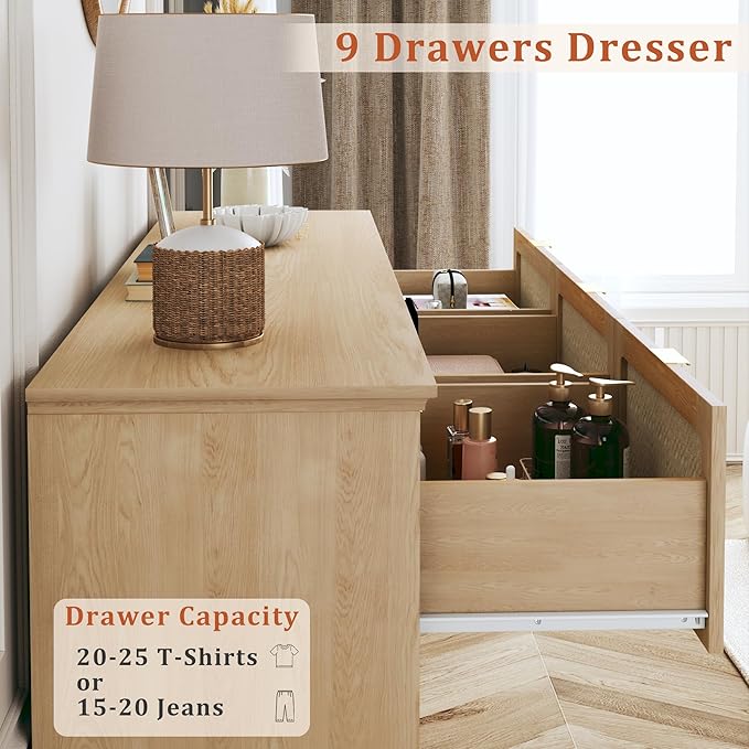 HUAHUU 9 Drawer Dresser for Bedroom, 60 Inch Long Dressers & Rattan Chest of