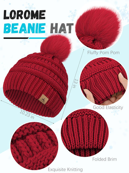 Winter Hat Scarf Gloves and Ear Warmer, Knit Warm Beanie Hat Touch Screen Gloves Long Knitted Plaid Scarf Set Gifts for Women Red