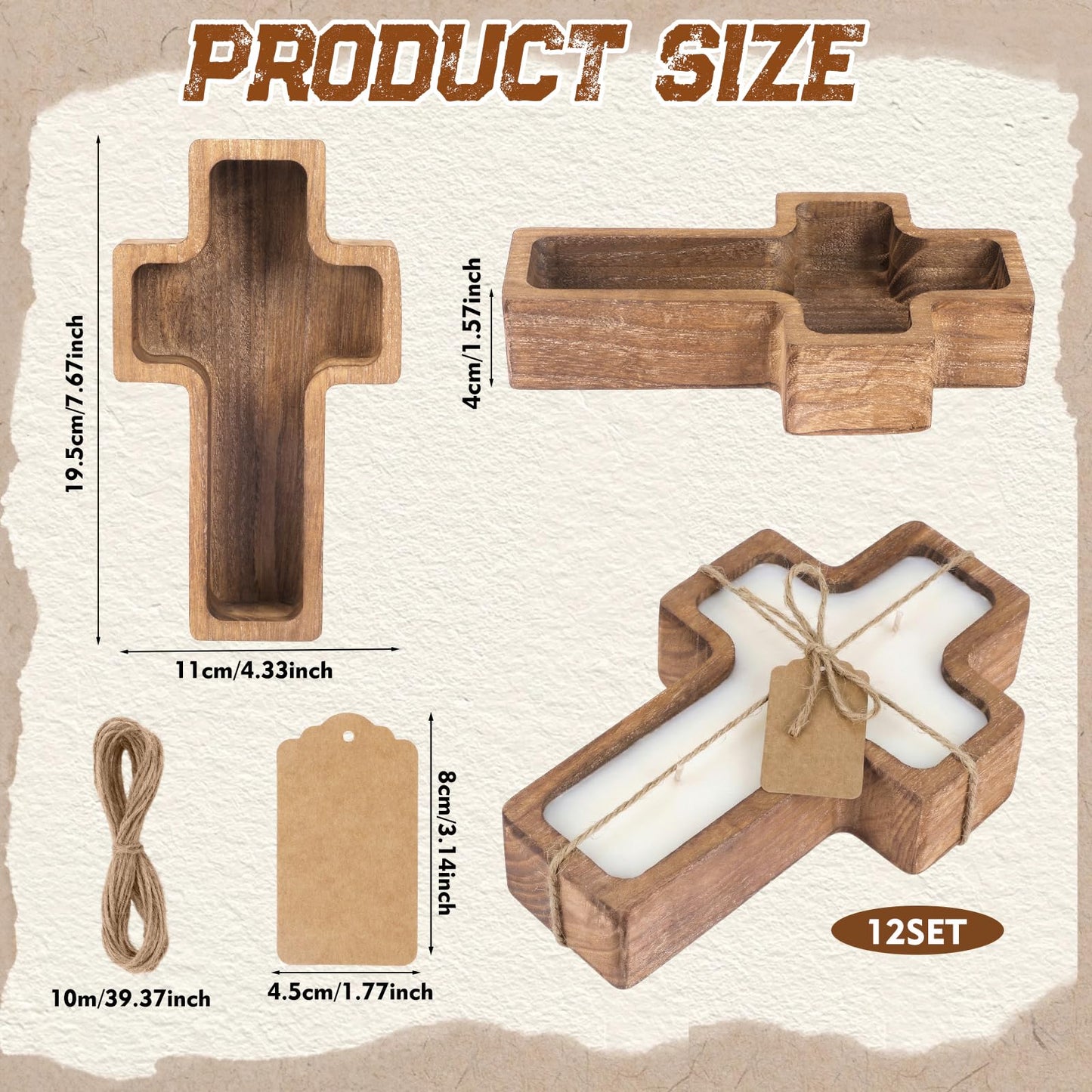 HEYTIMI 12 Pack Wooden Cross Dough Bowls, 7.42" x 4.33" Paulownia Wood Dough Bowl Set for Candle Making, Rustic Farmhouse Decor, Religious Ceremony Centerpiece, Christian Faith Gifts
