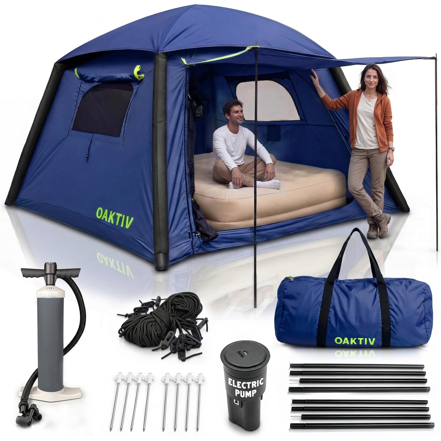 Oaktiv Inflatable Tents for Camping - CloudCamp Glamping Tent for 6 People Waterproof Oxford Fabric(210D), Quick Setup Air Tent with Manual & Battery Pump, UV Protection, 4-Season Inflatable Tent