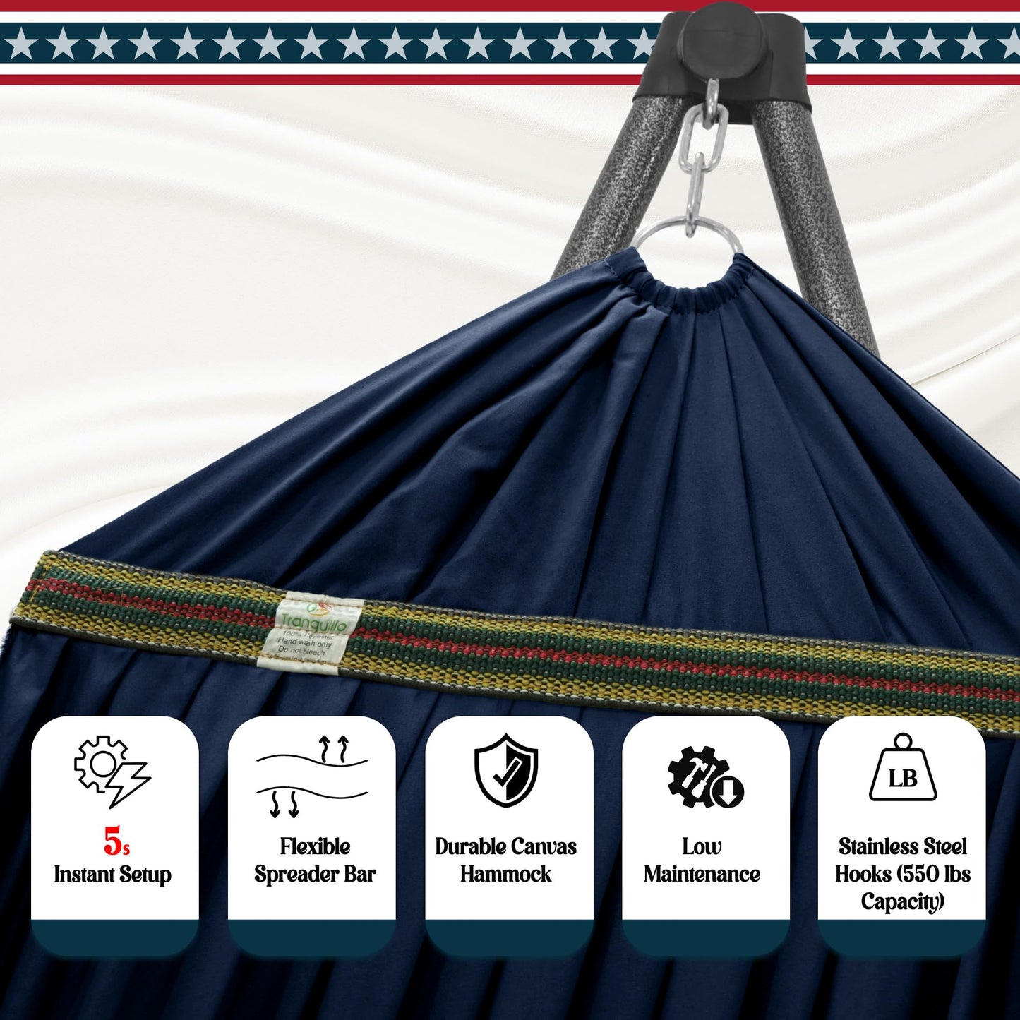 Tranquillo Uniki Hammock with Stand, 550 lbs Capacity – 30-Second Setup, Sturdy Steel Stand, 3-Year Warranty, Tool-Free Assembly, Premium Carry Bag Included, Outdoor & Indoor Hammock, Navy