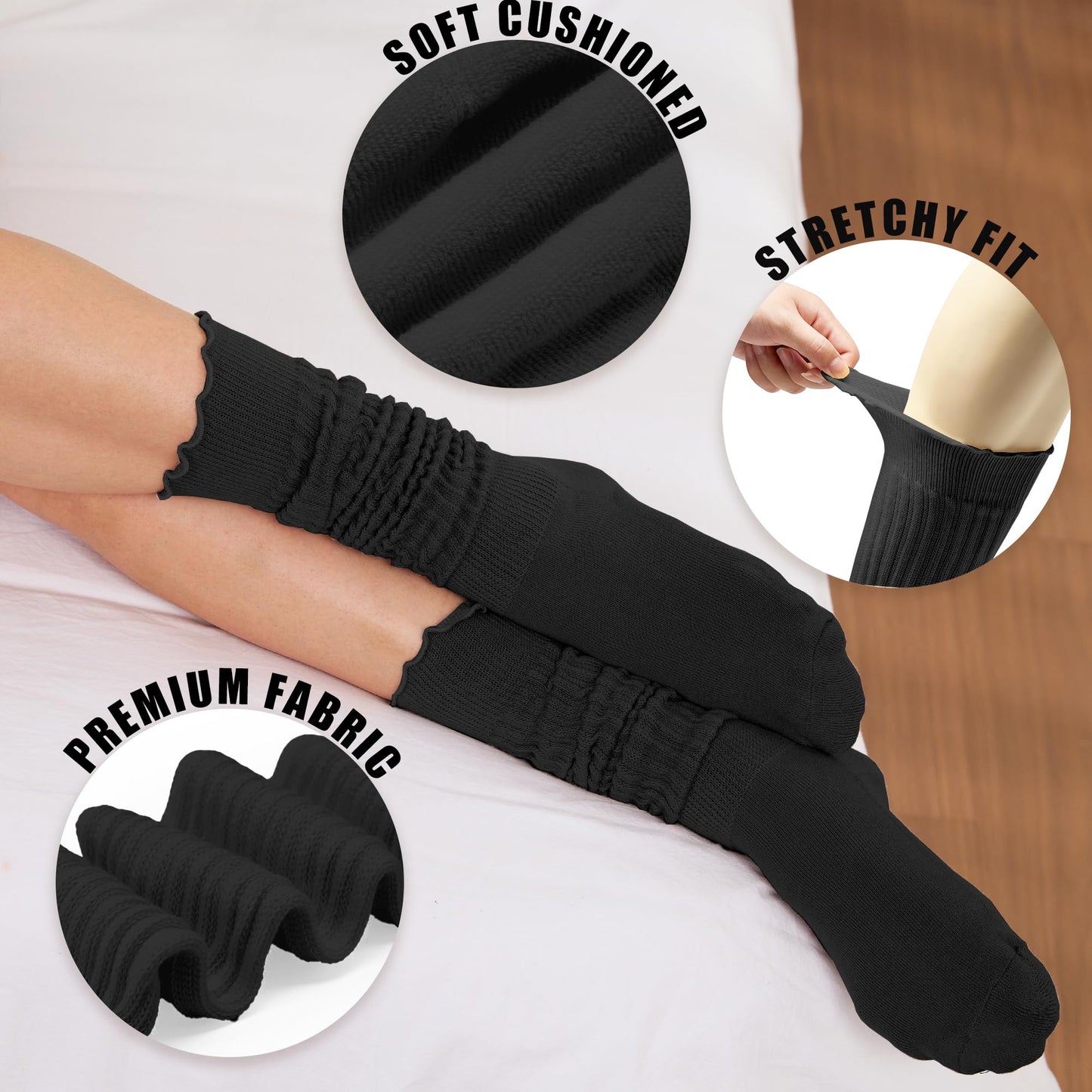 AugRing Women’s Ruffle Slouchy Socks 3 Pack Retro Cute Frilly Scrunch Knee High Cozy Cotton Long Boot Chunky Socks Size 6-11 (US, Alpha, One Size, Regular, Regular, 3 Pairs Black)
