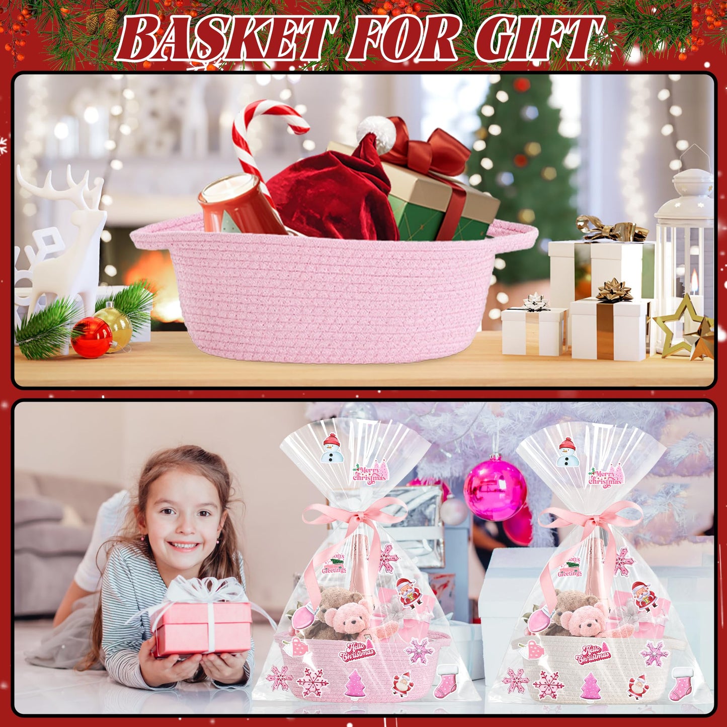 4pcs Valentines Day Gift Basket Empty, Pink Woven Basket with Handles, Decorative Rope Woven Storage Basket Valentines Gift Baskets with Gift Bags Sticker and Ribbons for Empty Decorative Gift Box