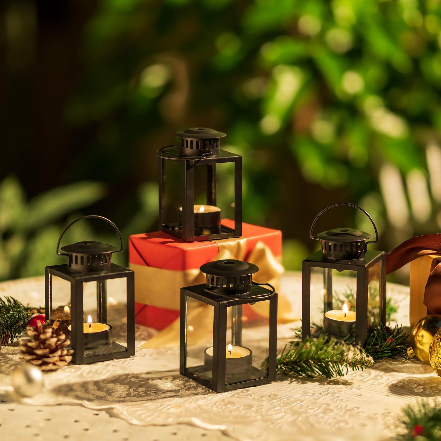 Small Candle Lanterns Decorative Outdoor: 4 Pcs Black Hanging Tea Lights Candle Holder for Table Centerpiece Fireplace Wedding Christmas 3.9" Glass Farmhouse Decor