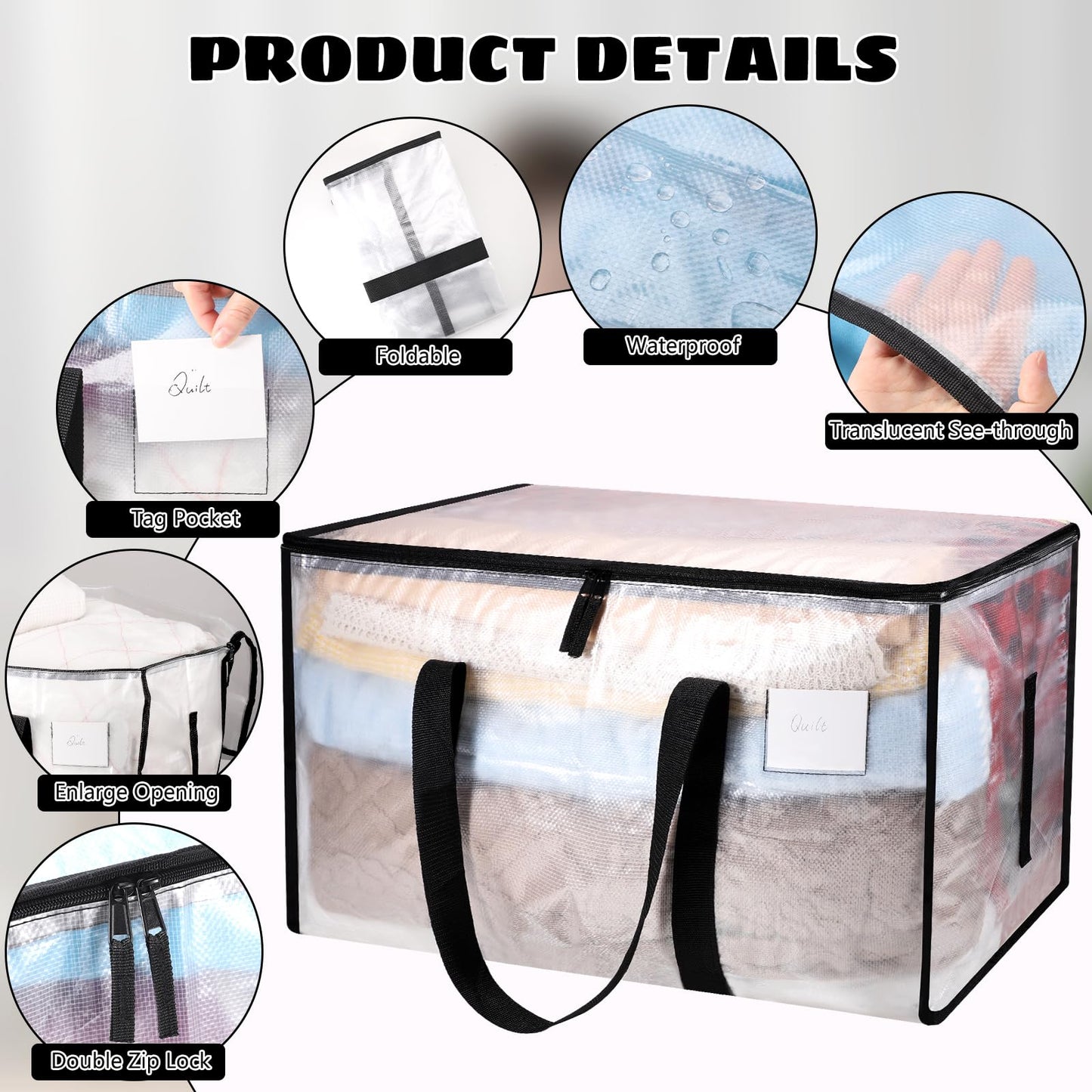 Dntorx 4 Pack Large Clothes Storage Bags with Lids Clear Moving Bags Heavy Duty Moving Totes Packing Bags with Zips for Moving Clothes Bedding Duvet Toys Christmas Storage Containers