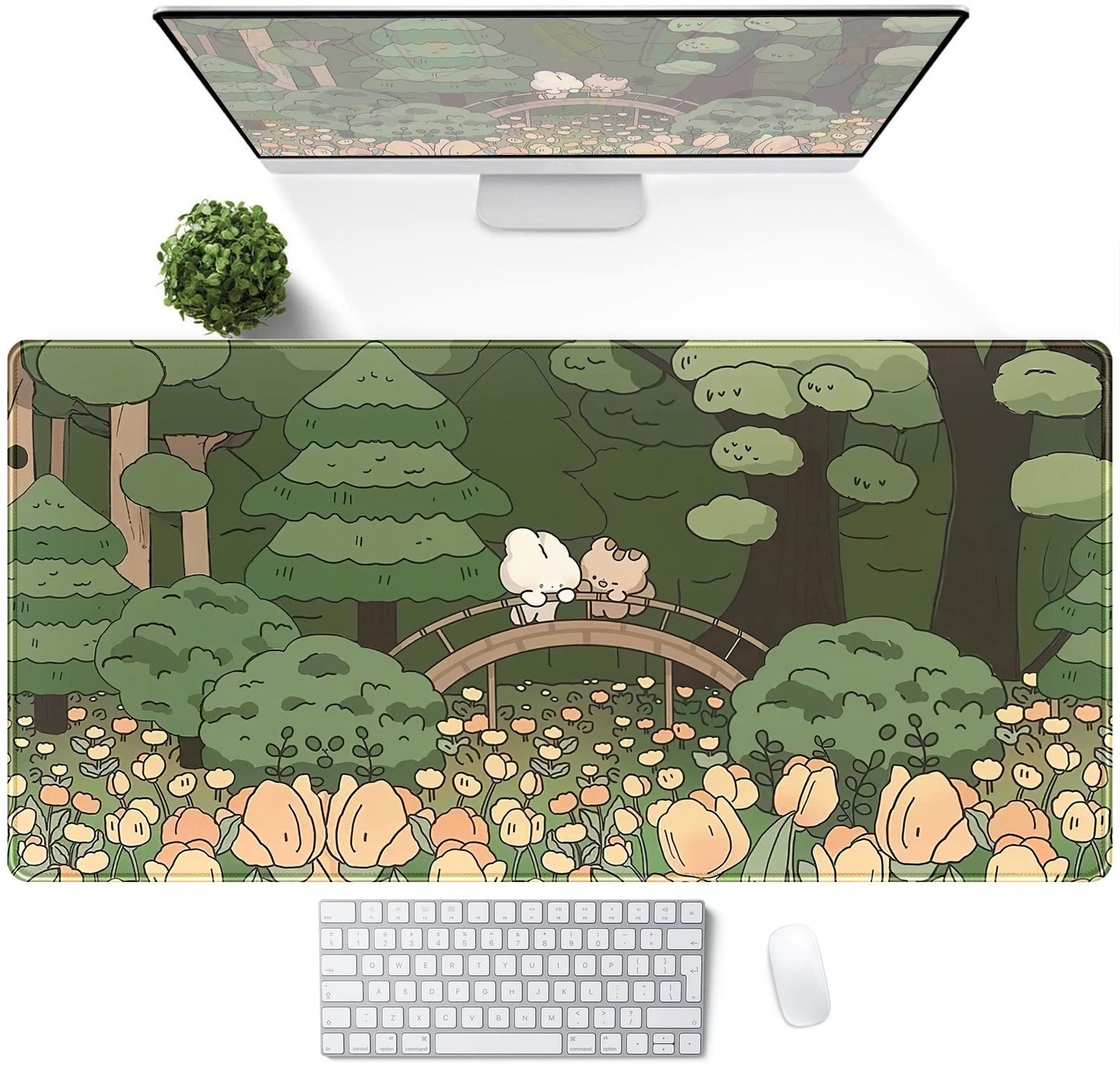 Anime Forest Desk Mat,Cute Green Mouse Pad,Kawaii Aesthetic Full Desktop Pad XXL Gaming Mousemat XL, Extended Korean Animals Bear Bunny Keyboard Mat Large 31.5x15.7 Inch Non-Slip&Stitched Edges