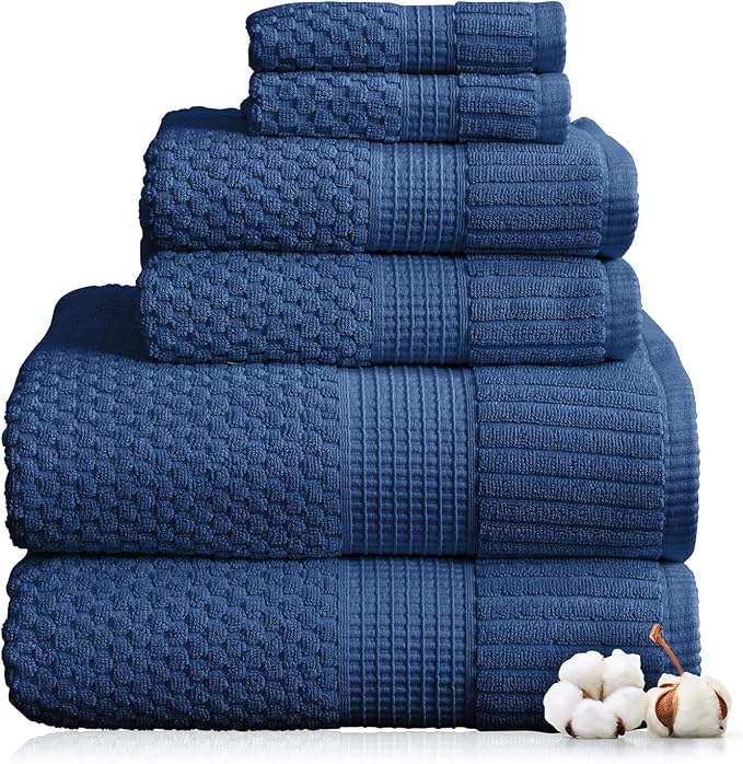 NY Loft 100% Cotton Towel Set 6 Piece Towel Set | Navy Bath Towels | Absorbent