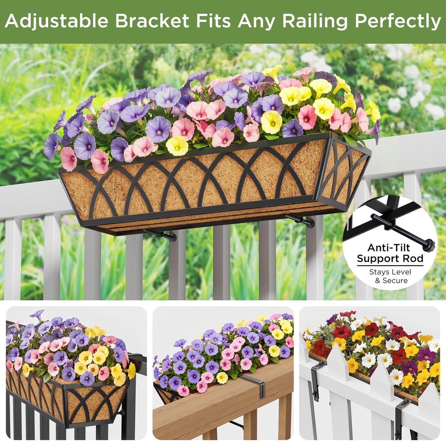 HFHOME 24 inch Railing Planter Box with Coco Liner, 24" Dia Window Box Trough with Coconut Coir Liners, Black Metal Hanging Flower Planter Basket for Indoor Outdoor Lawn - Set of 4