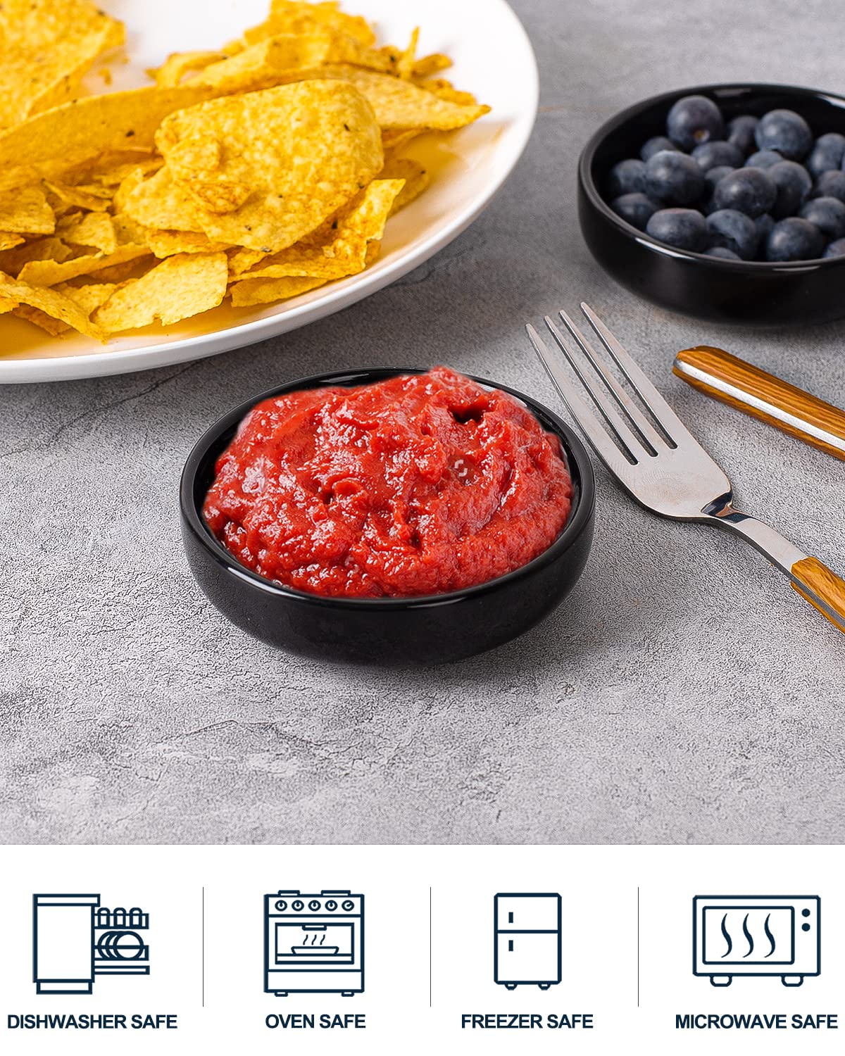 DELLING 3.5 oz Black Dipping Bowls Set of 8, Porcelain Sauce Cups - Charcuterie Cups for Soy Sauce, Condiments, Ketchup - Microwave & Dishwasher Safe Small Bowls