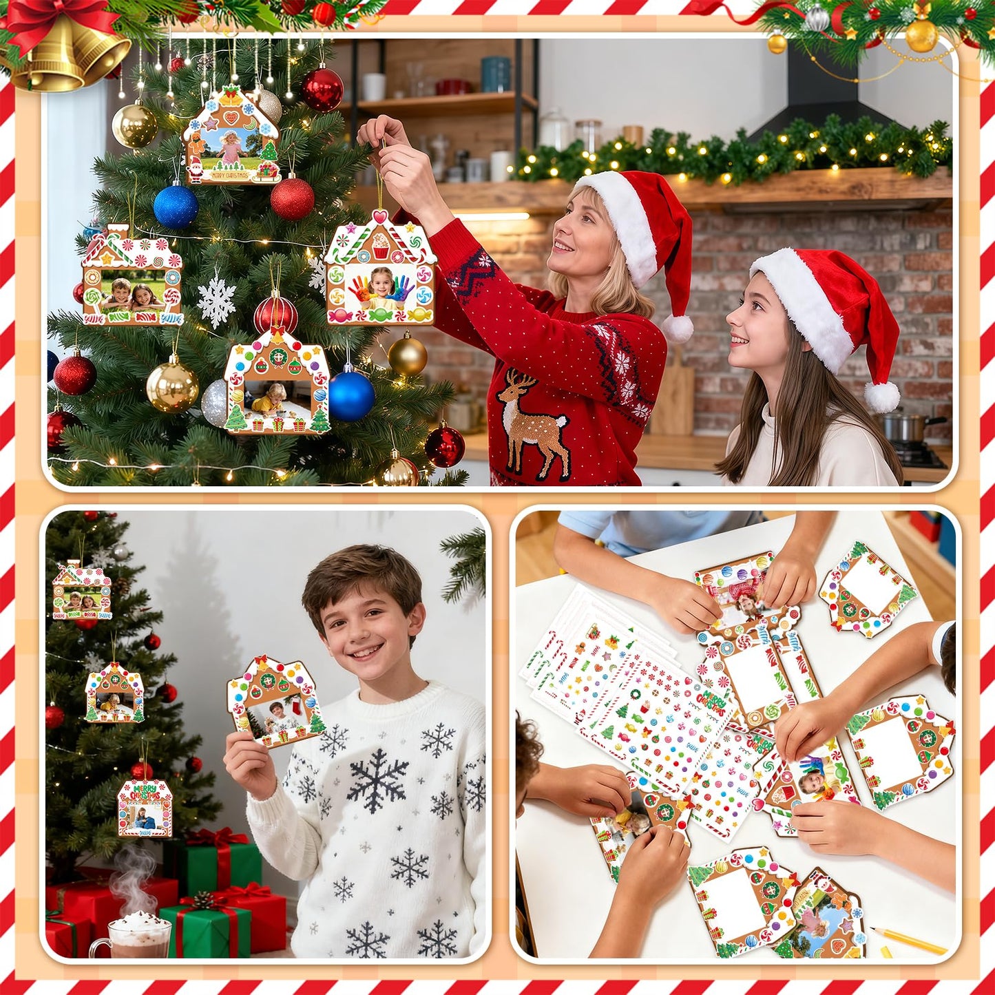 30 Packs Christmas Picture Frame Craft Kits for Kids DIY Xmas Gingerbread House Candy Photo Craft Hanging Frame gingerbread cookie Ornaments for Holiday Art Decorations Home Class Game Activities