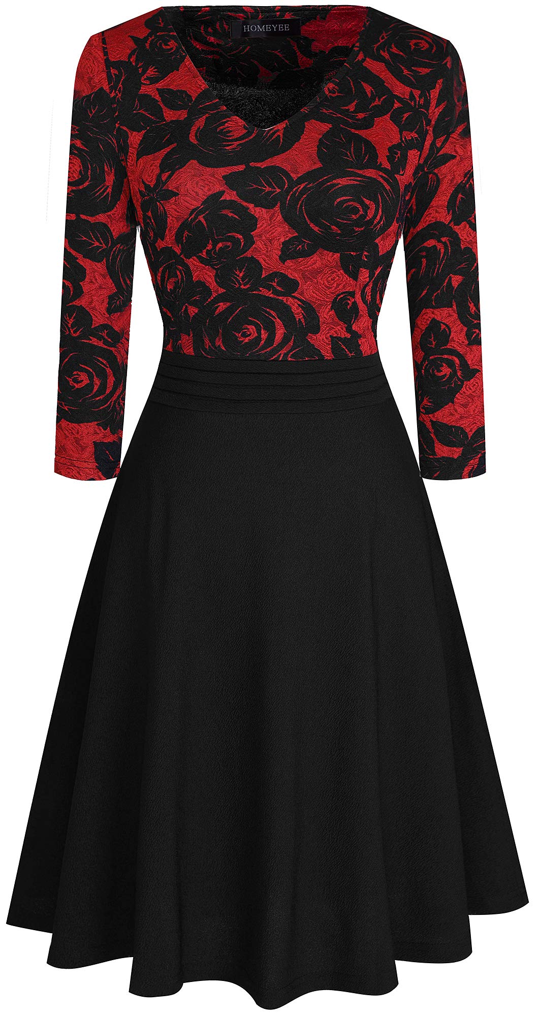 HOMEYEE Women's Chic V-Neck Lace Patchwork Flare Party Dress A062 (4, Red+Black Fabric B)