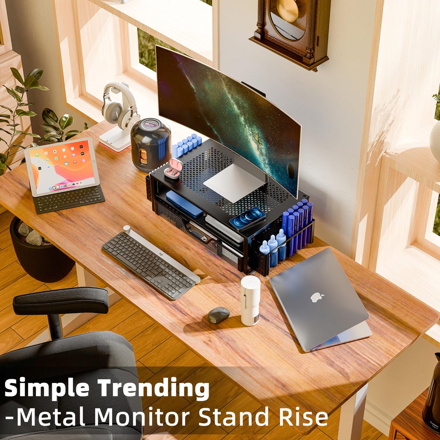 Simple Trending 2 Tier Metal Monitor Stand Monitor riser and Computer Desk Organizer with Drawer and Pen Holder for Laptop, Computer, iMac, Black