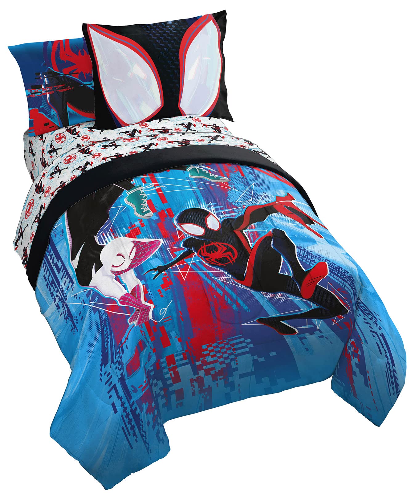 Jay Franco Spiderman Across the Spider-Verse Glitch 7 Piece Full Size Bed Set - Includes Comforter & Sheet Set Bedding - Super Soft Fade Resistant Microfiber (Official Marvel Product)