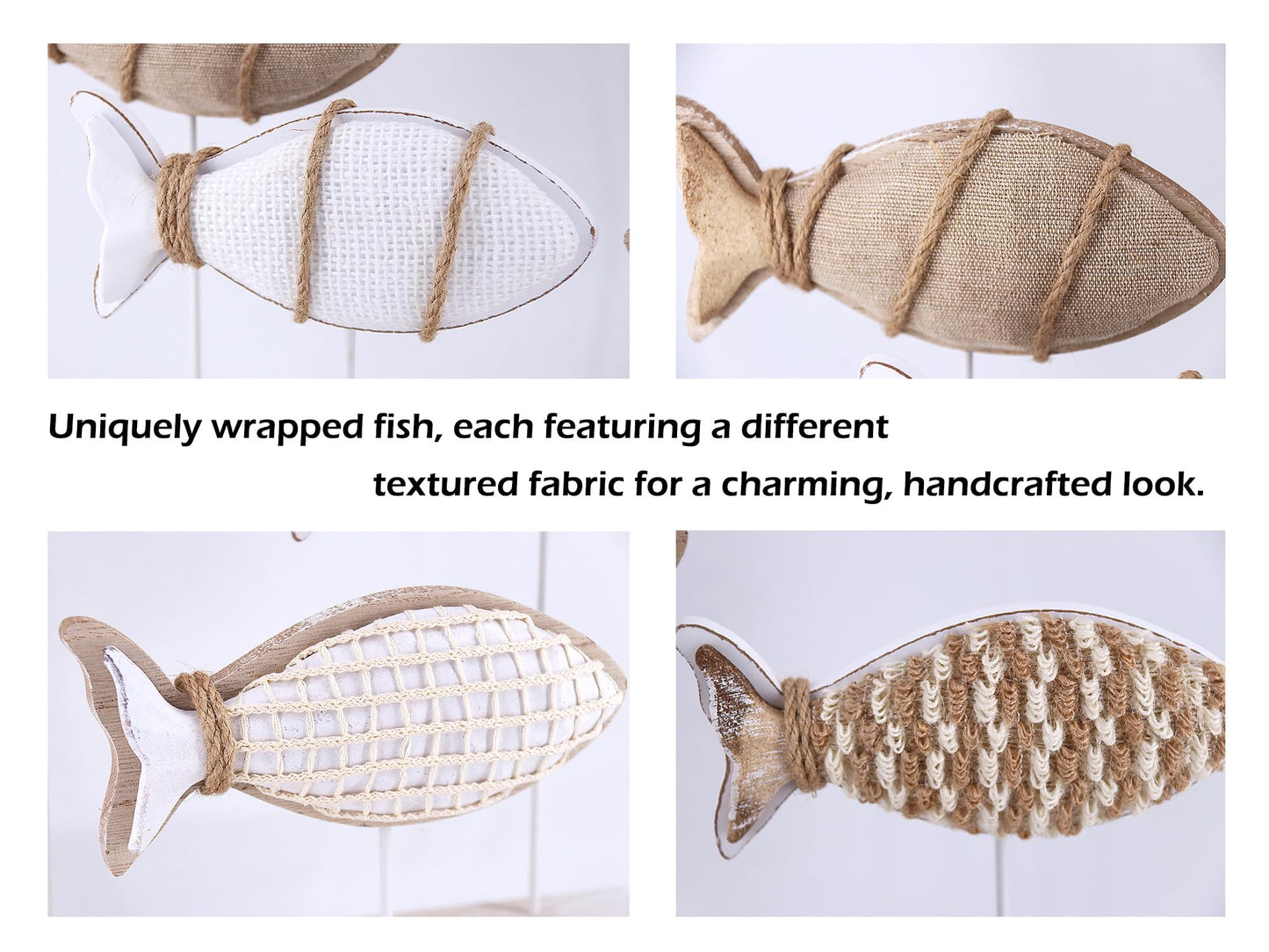NAUTIMALL Wooden Fish Figurines with Jute Rope and Cotton String, Fish Sculpture Statues for Home Decoration, Table Top Nautical Decor for Living Room, Bedroom, Beachhouse Home Decor (JuteFish-5)
