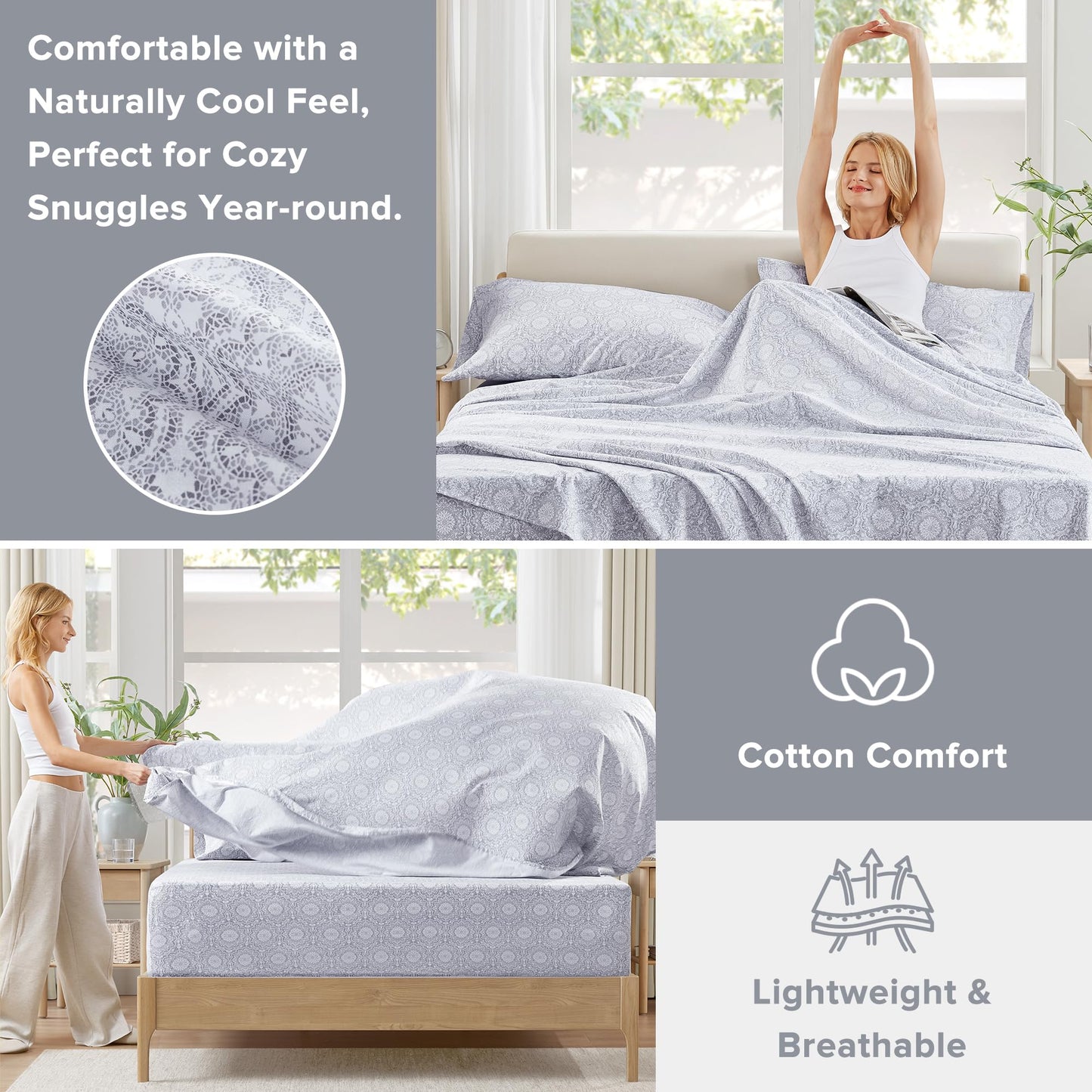 Comfort Spaces 100% Cotton Sheet Set Breathable, Lightweight, Soft with 14" Elastic Pocket Fits up to 16" Mattress, All Season Cozy Bedding, Matching Pillow Case, Cal King Adelia Gray 4 Piece