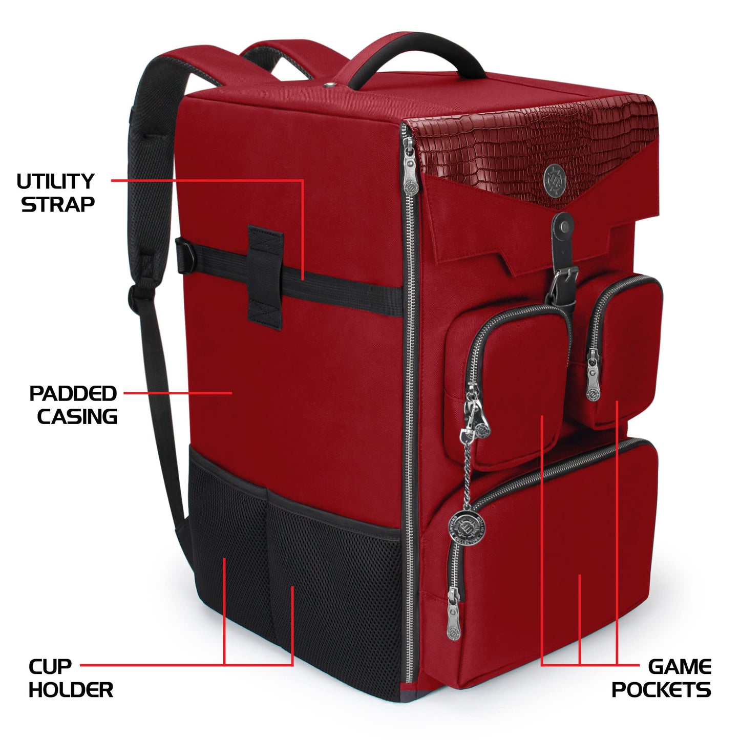 ENHANCE Collector's Edition Board Game Backpack - Reinforced Rigid Board Game Storage with Padded Shoulder Straps, Carrying Handle, and Accessories Pockets for Dice, Card Games, More (Dragon Red)