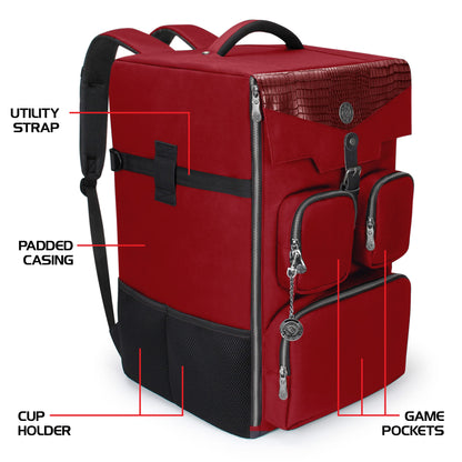ENHANCE Collector's Edition Board Game Backpack - Reinforced Rigid Board Game Storage with Padded Shoulder Straps, Carrying Handle, and Accessories Pockets for Dice, Card Games, More (Dragon Red)