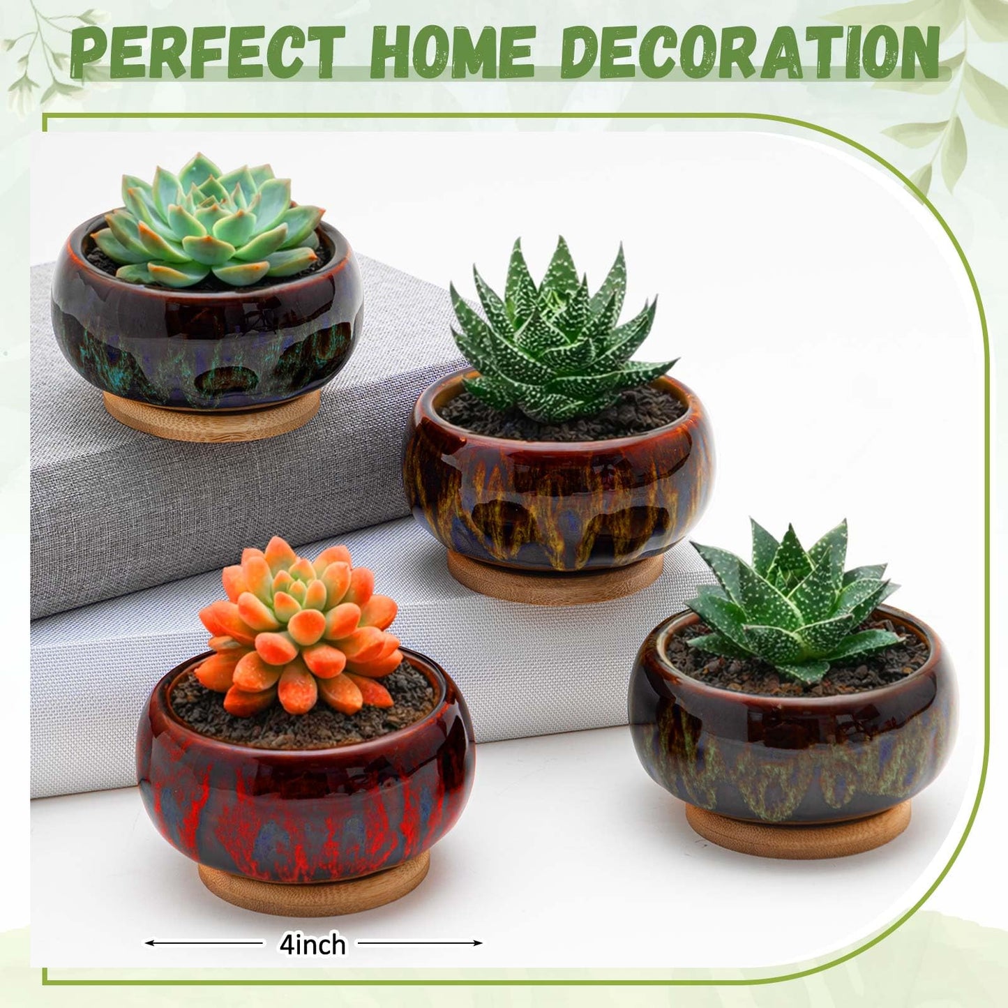 Acellegic 5 Pcs 7.3'' and 4'' Round Large Shallow Succulent Ceramic Planter Pots with Drainage Hole Drip Glazed Shallow Bonsai Pot with Bamboo Tray for Indoor Outdoor Plants Decor Cactus Flower