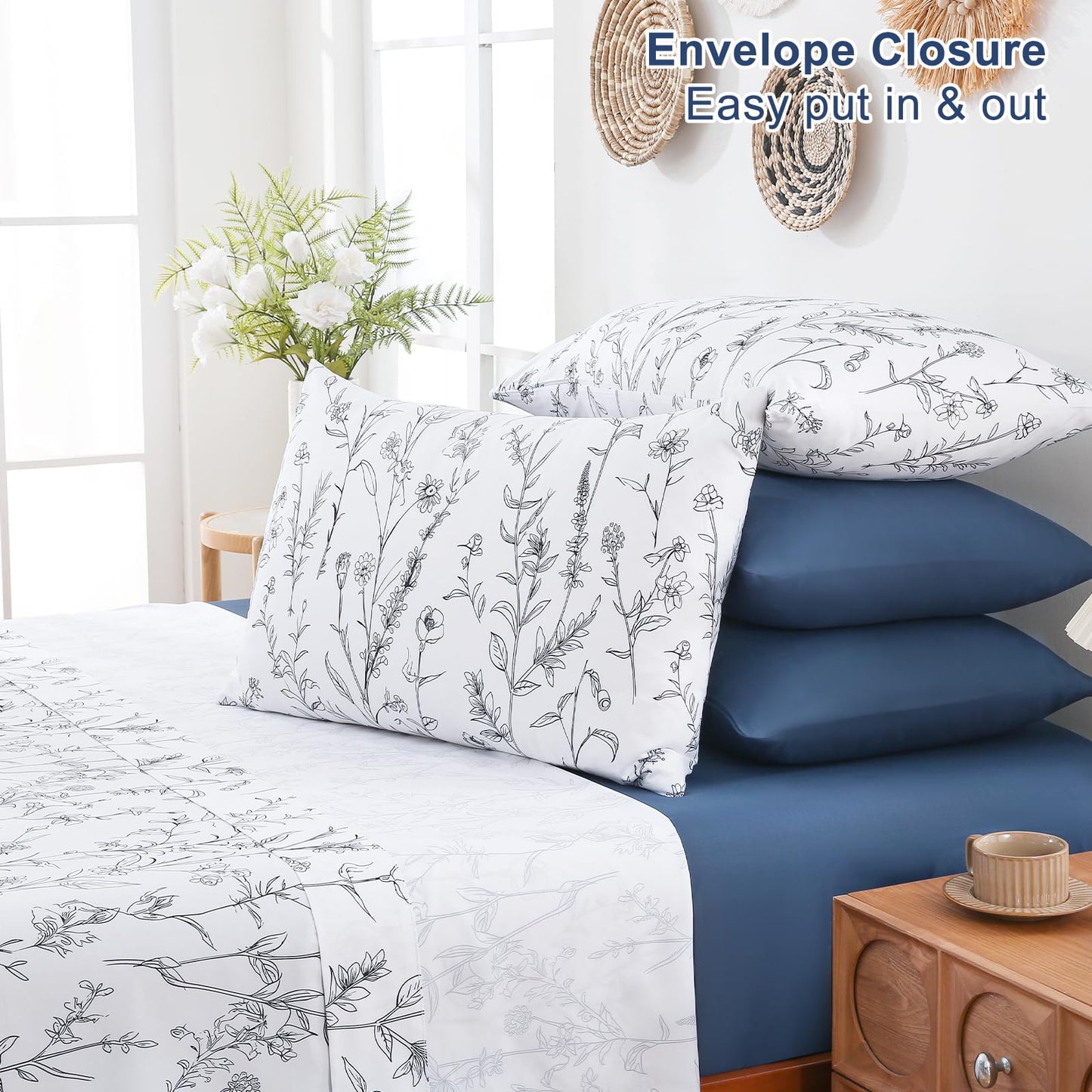 Swiftify Botanical Full Size Sheets Set 6-Piece, Boho Floral Brushed Microfiber Sheets, Cooling Bed Sheet Set, Soft & Breathable, 16' Deep Pocket Fitted Sheet & Pillowcase Set, Sketch Meadow